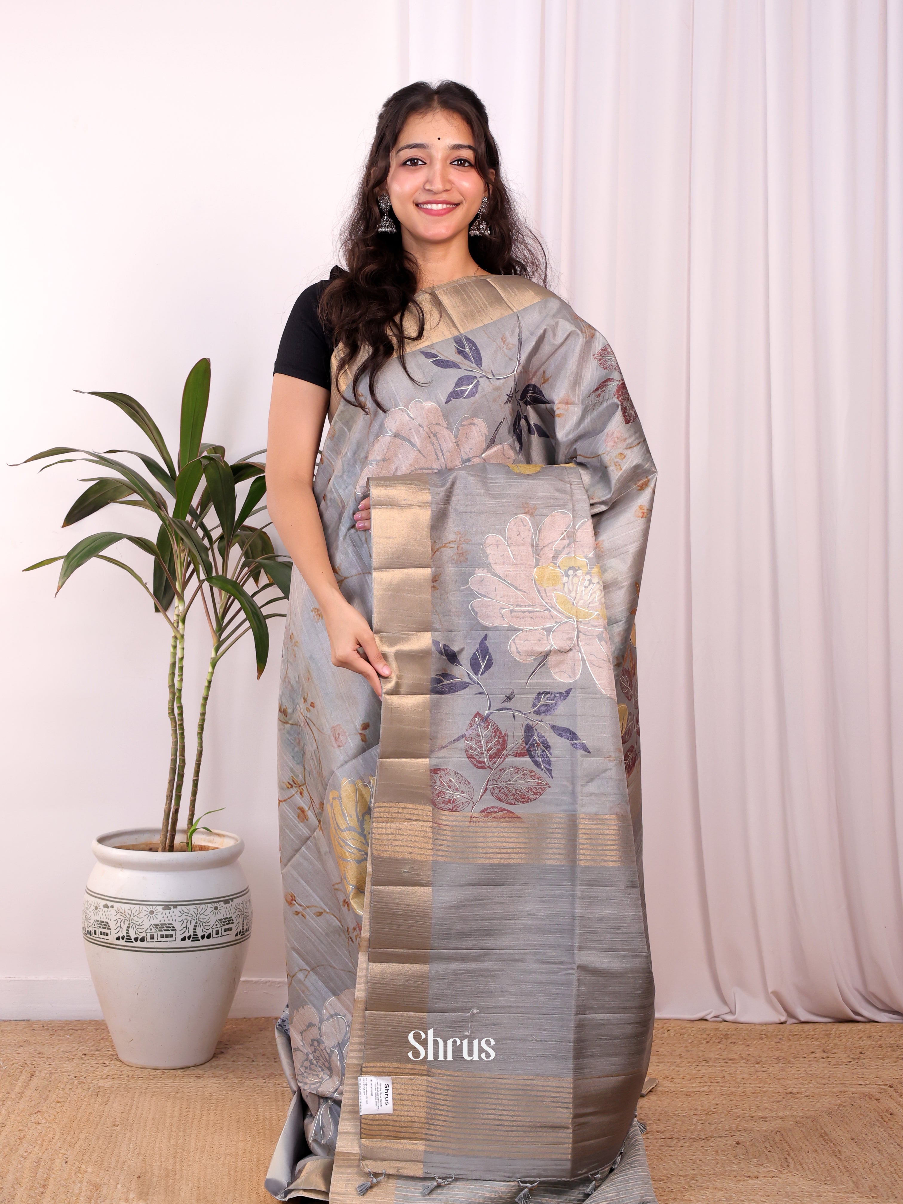 Grey - Moonga Saree - Shop on Shrus.com
