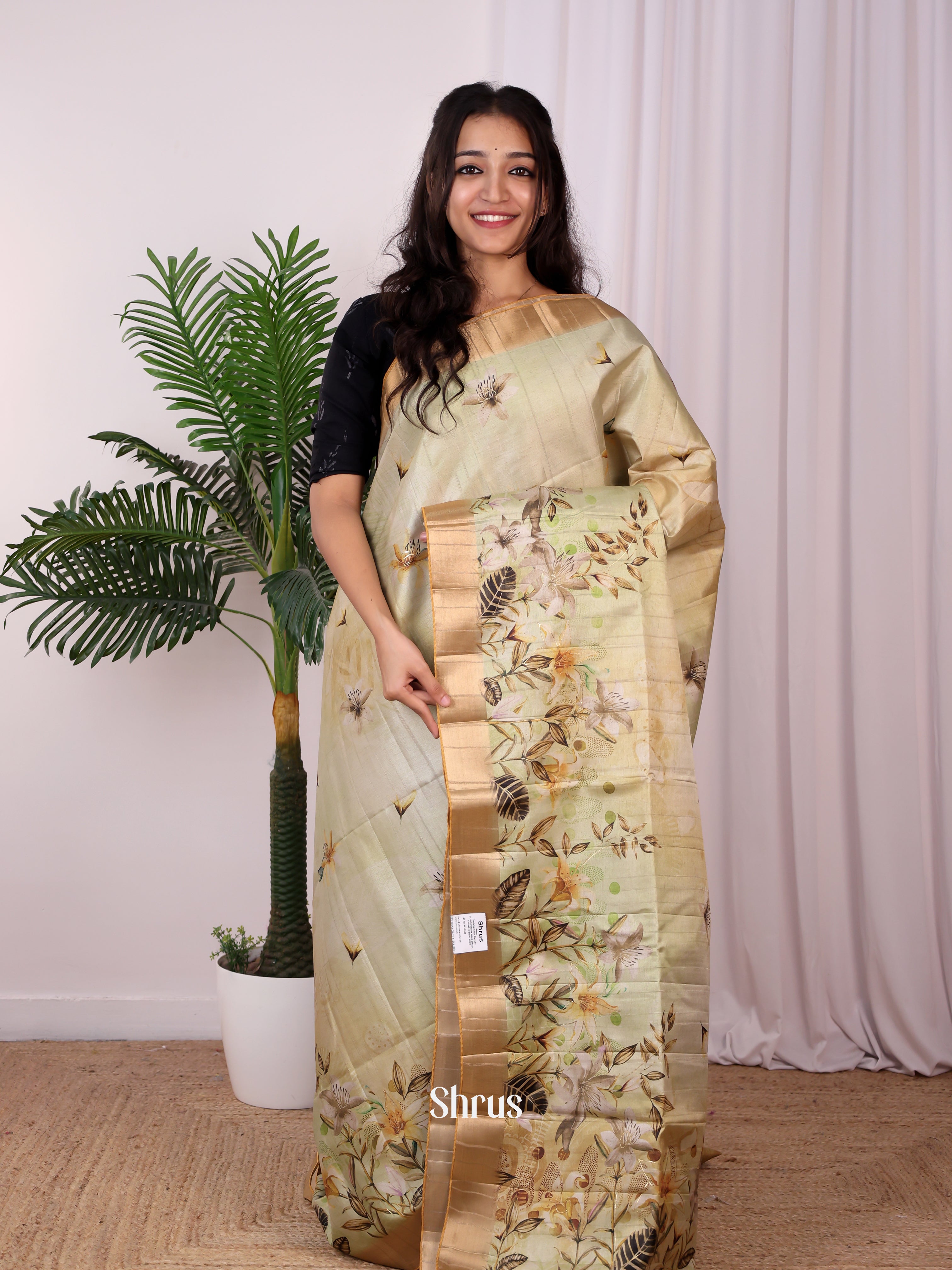 Lite Green & Beige- Semi Tussar Saree - Shop on Shrus.com