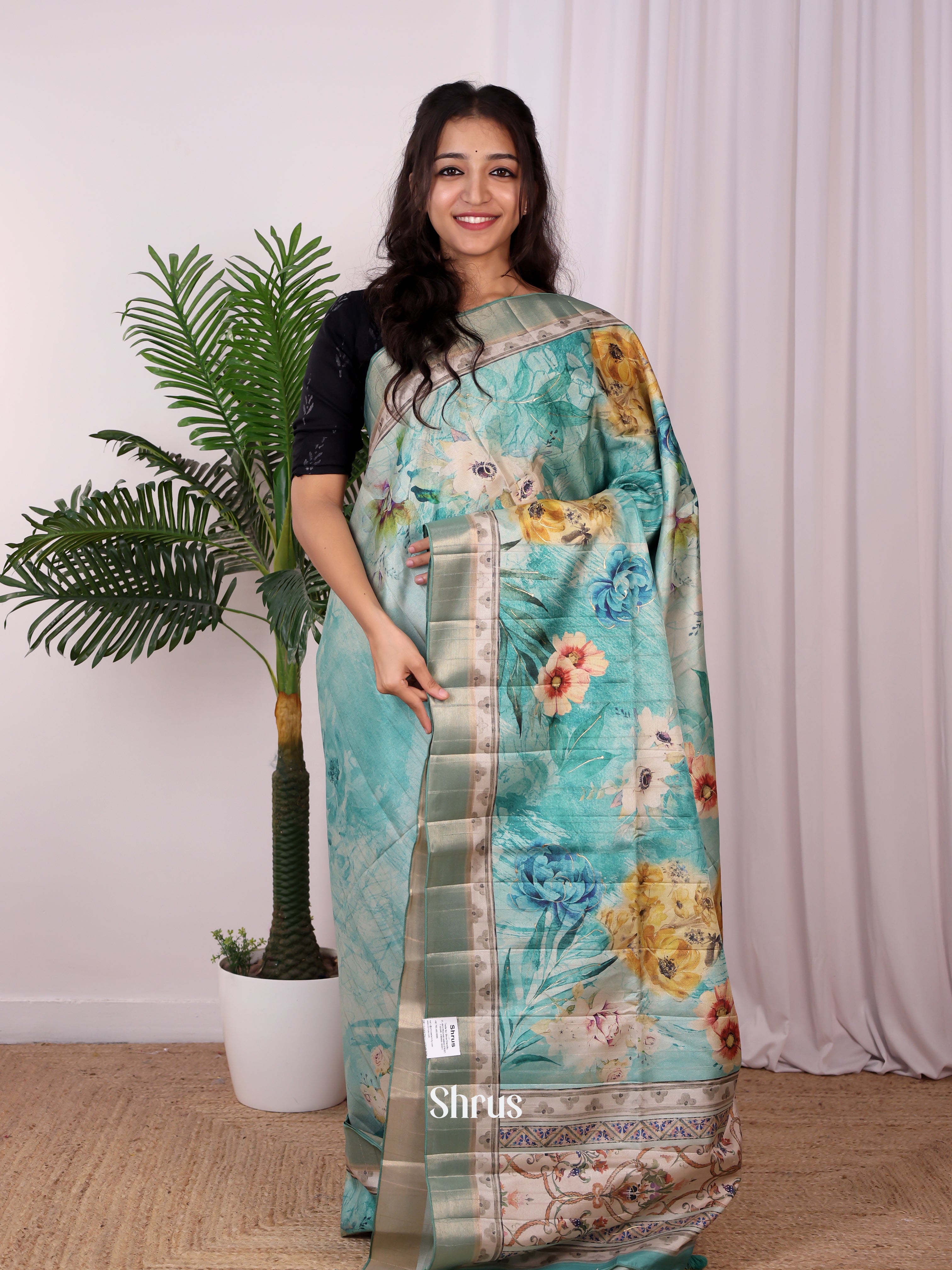 Teal - Semi Tussar Saree - Shop on Shrus.com