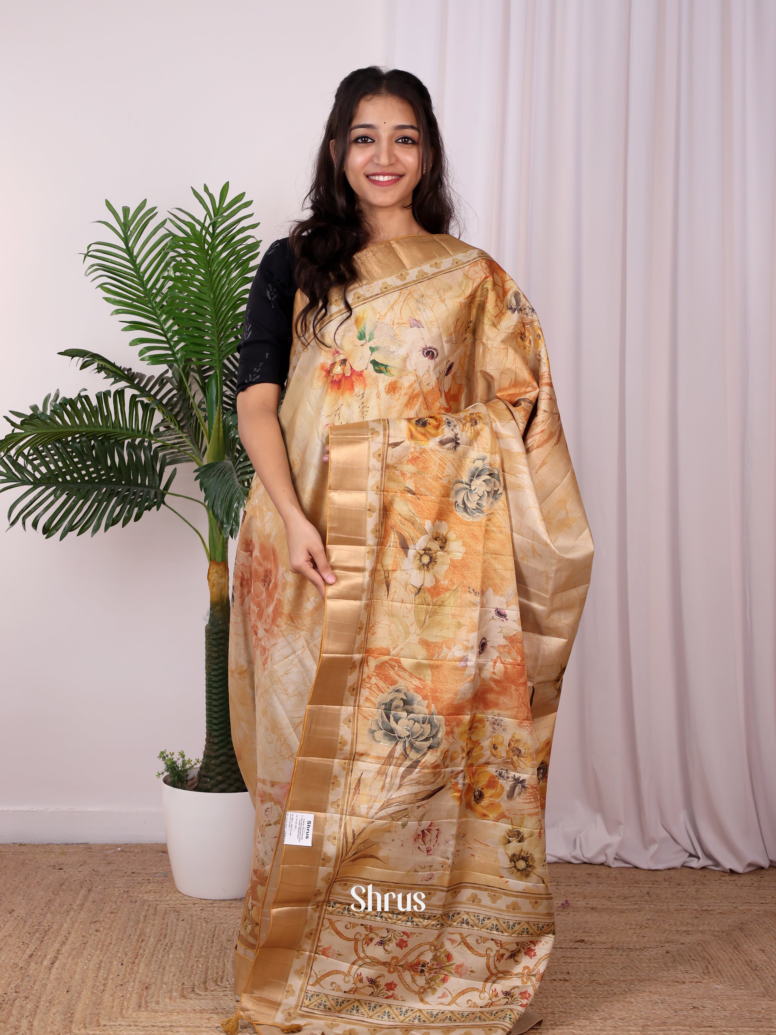 Beige - Semi Tussar Saree - Shop on Shrus.com