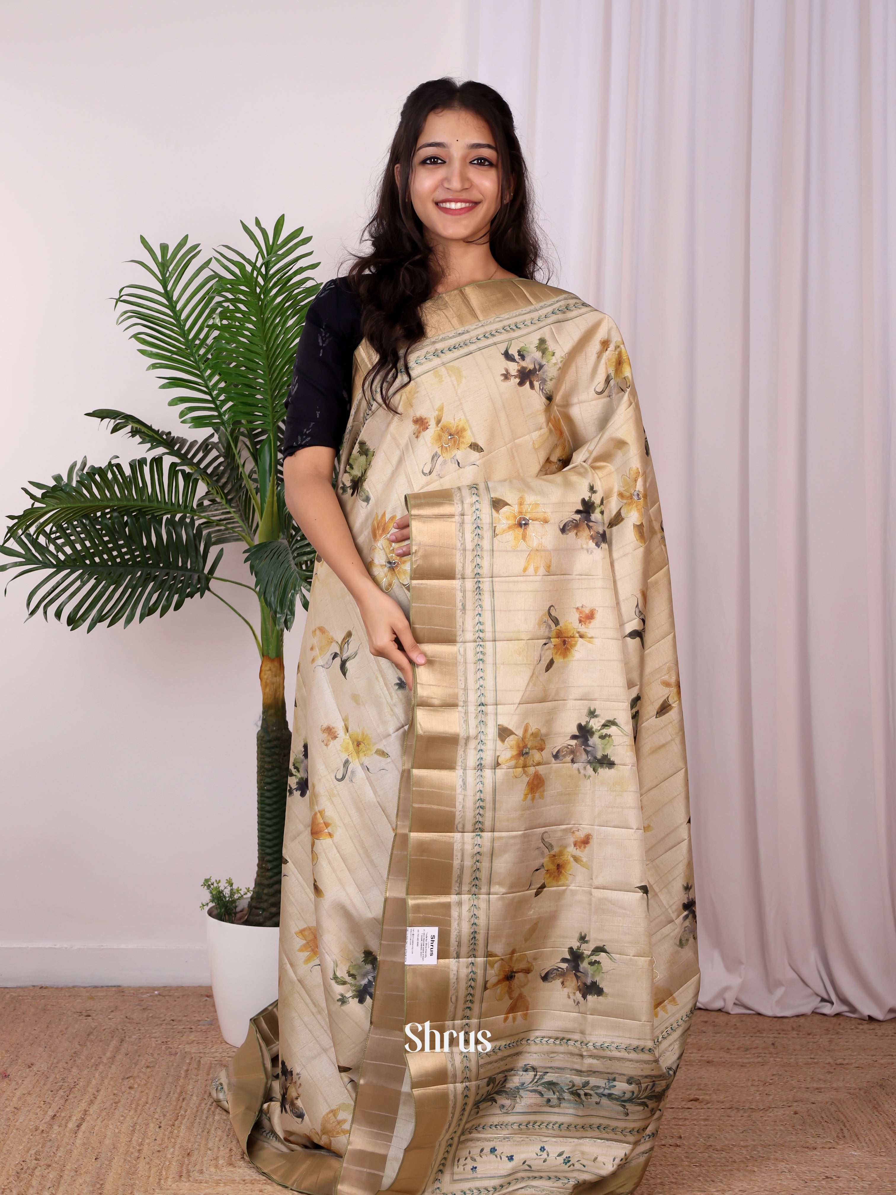 Cream & Beige - Semi Tussar Saree - Shop on Shrus.com