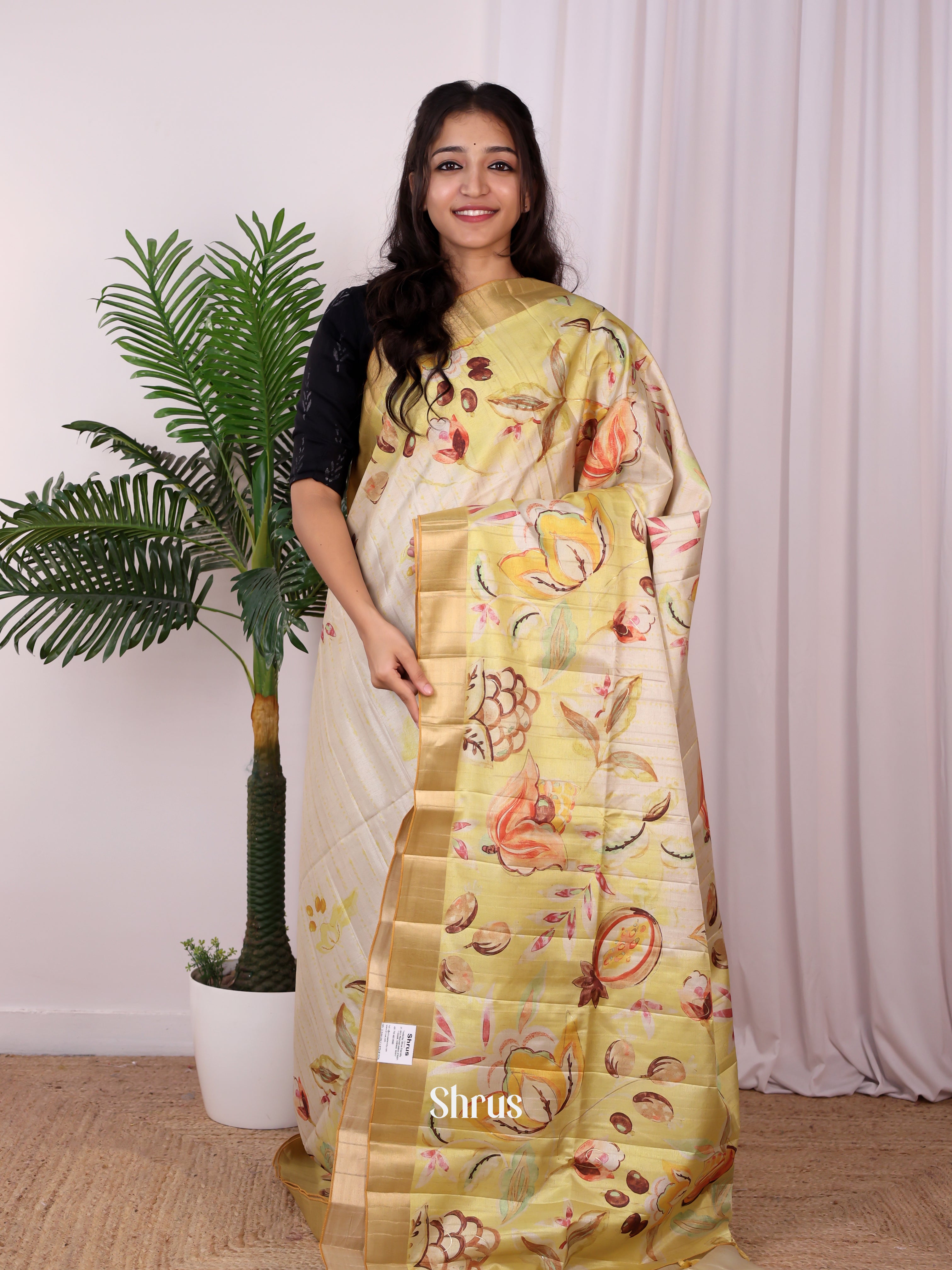 Cream & Green - Semi Tussar Saree - Shop on Shrus.com