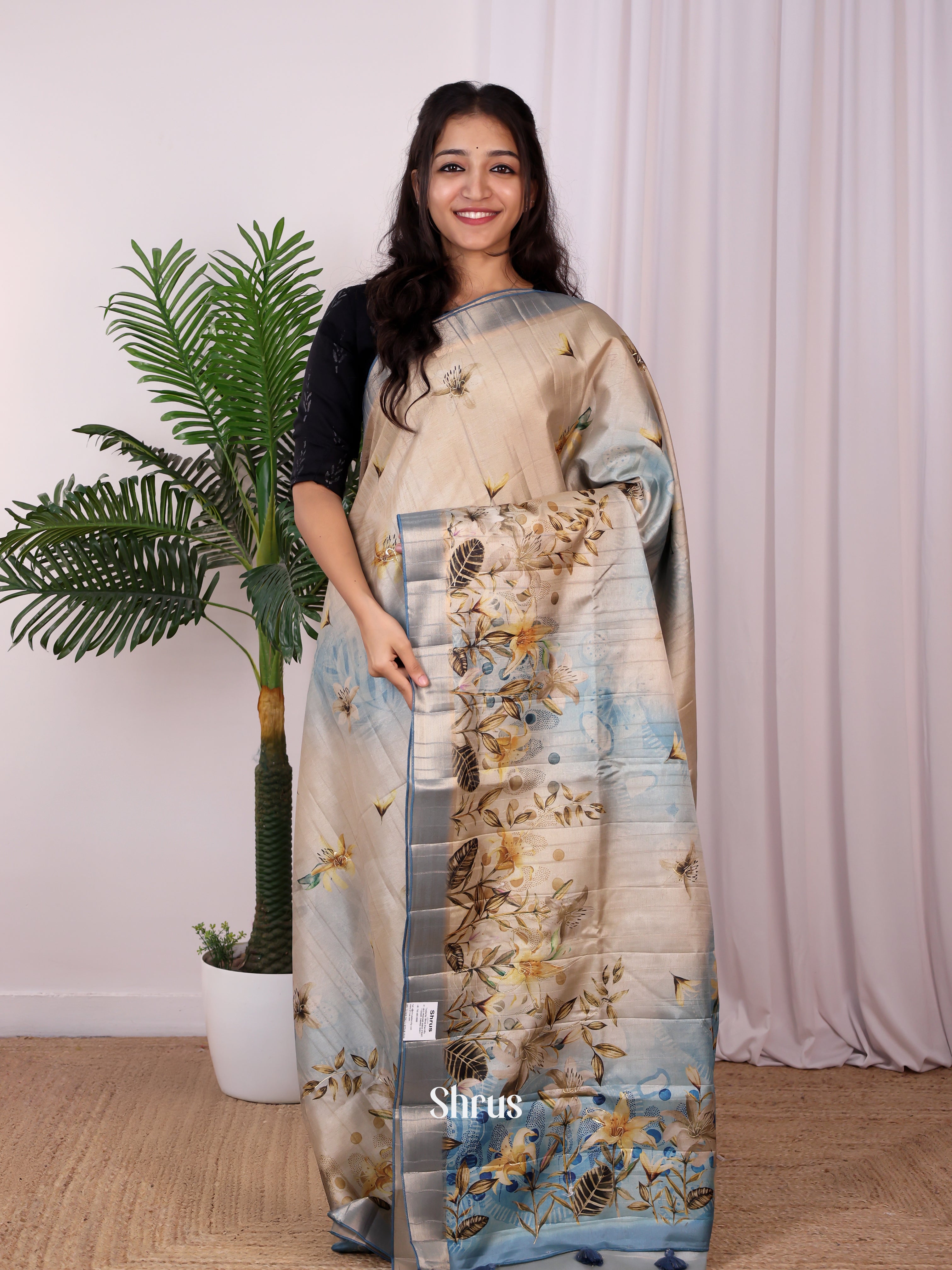 Grey & Blue - Semi Tussar Saree - Shop on Shrus.com