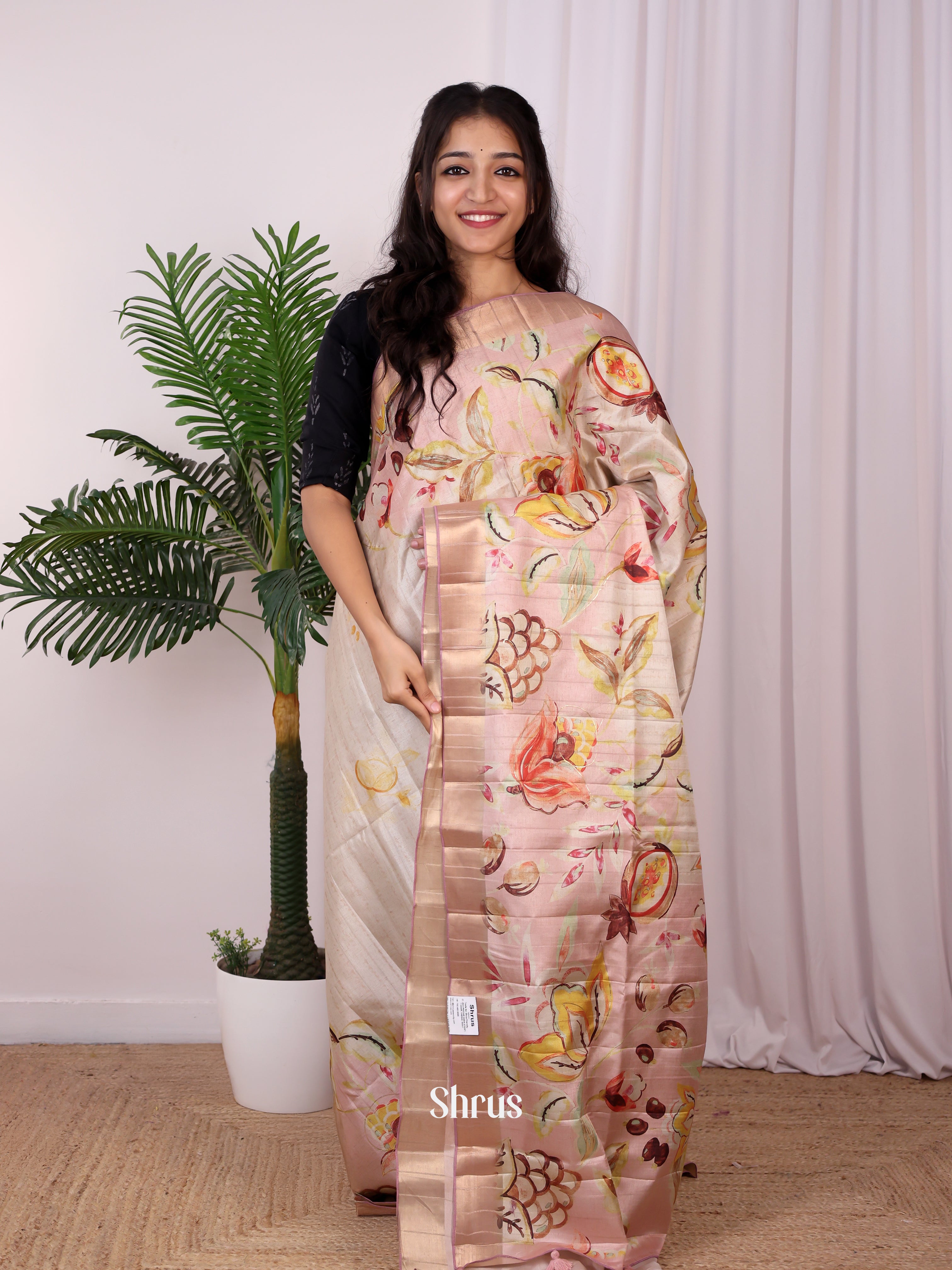 Pink - Semi Tussar Saree - Shop on Shrus.com