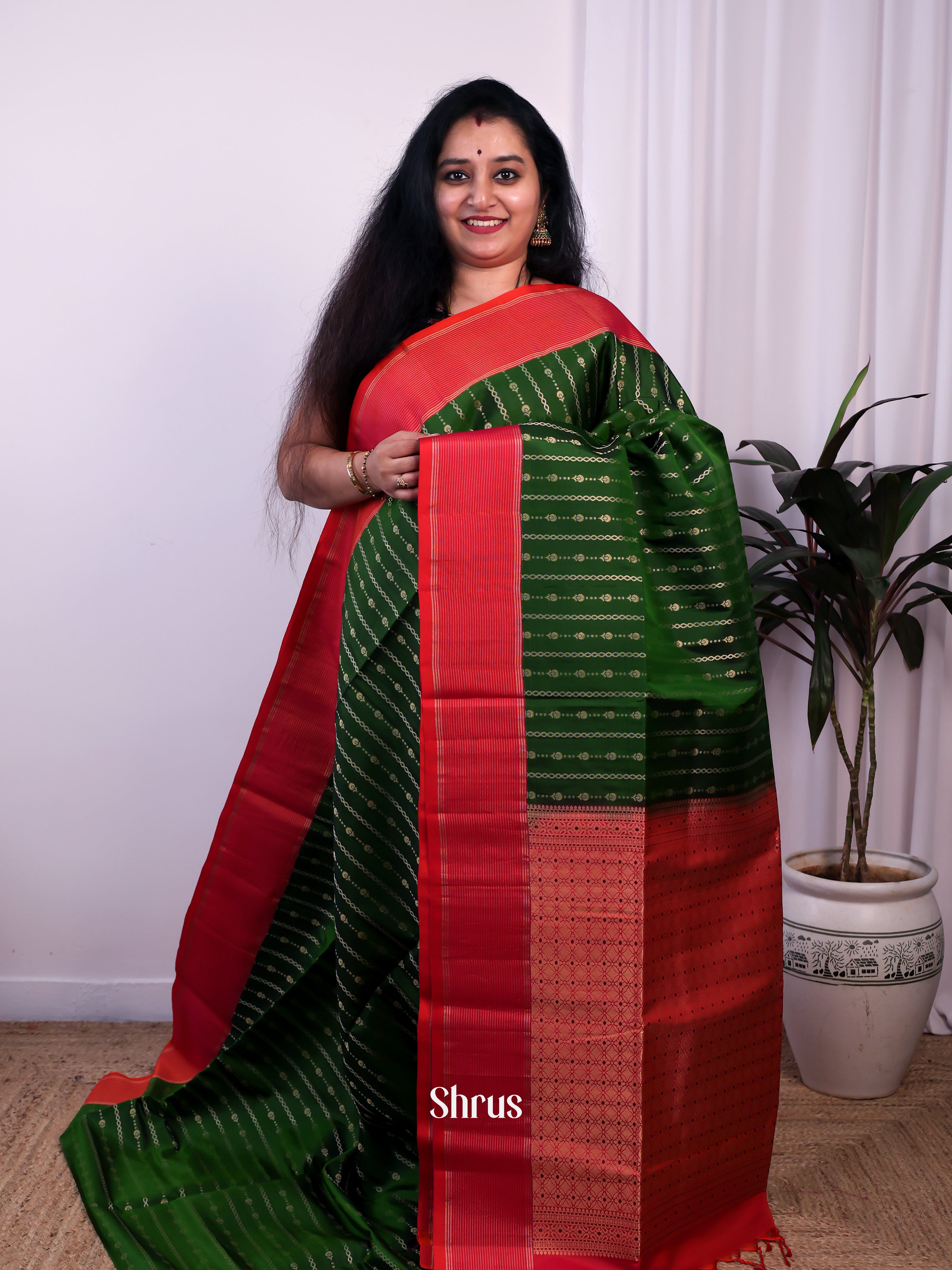 Green & Red - Soft Silk Saree - Shop on Shrus.com