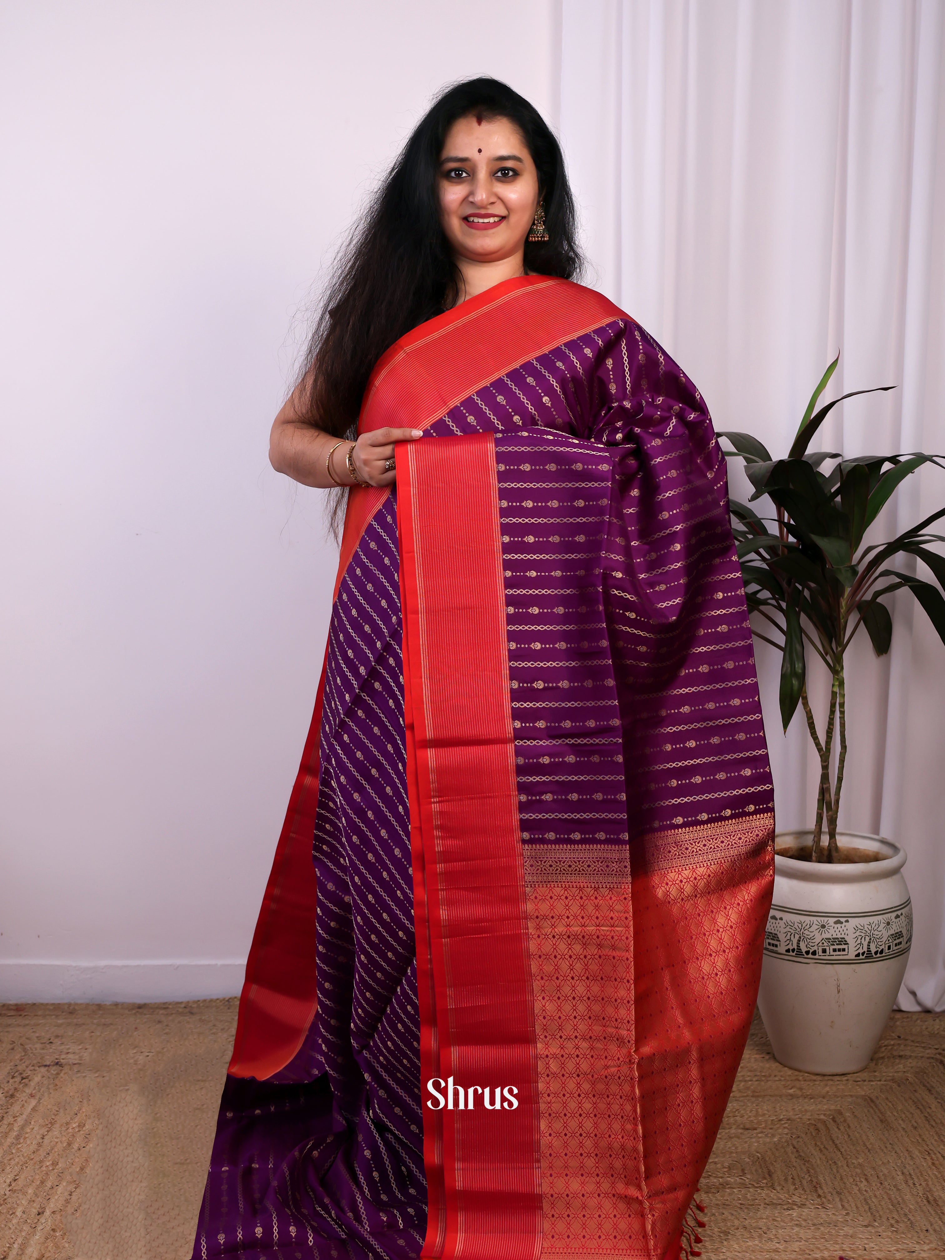 Violet & Red- Soft Silk Saree - Shop on Shrus.com