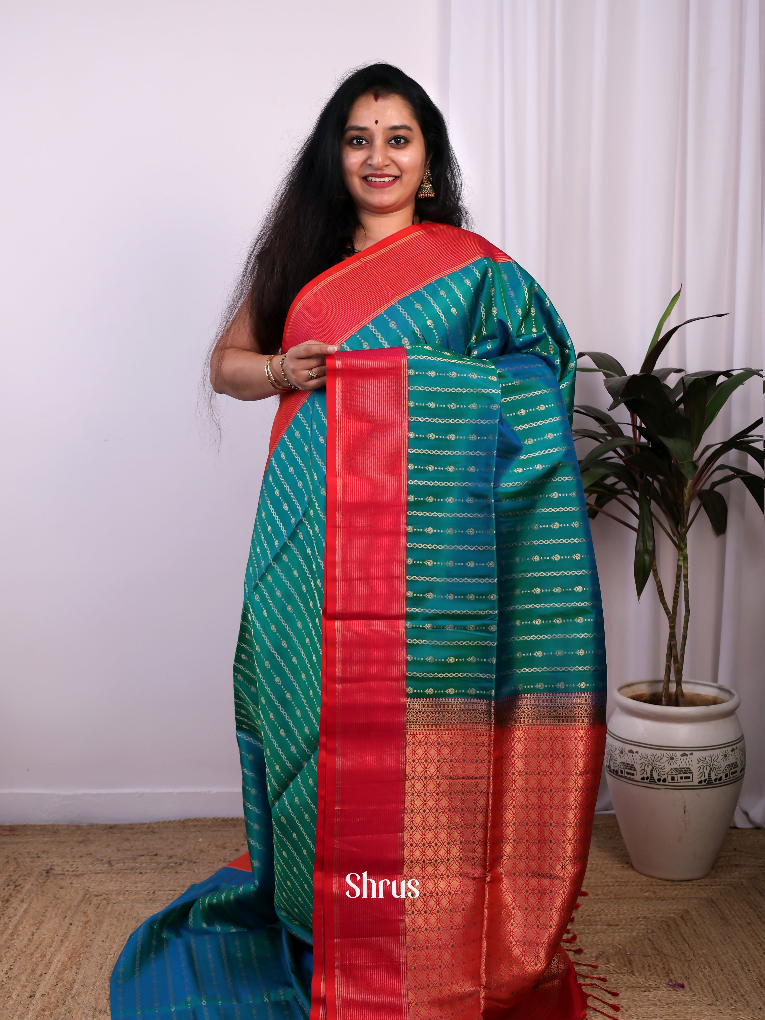 Green & Red - Soft Silk Saree - Shop on Shrus.com