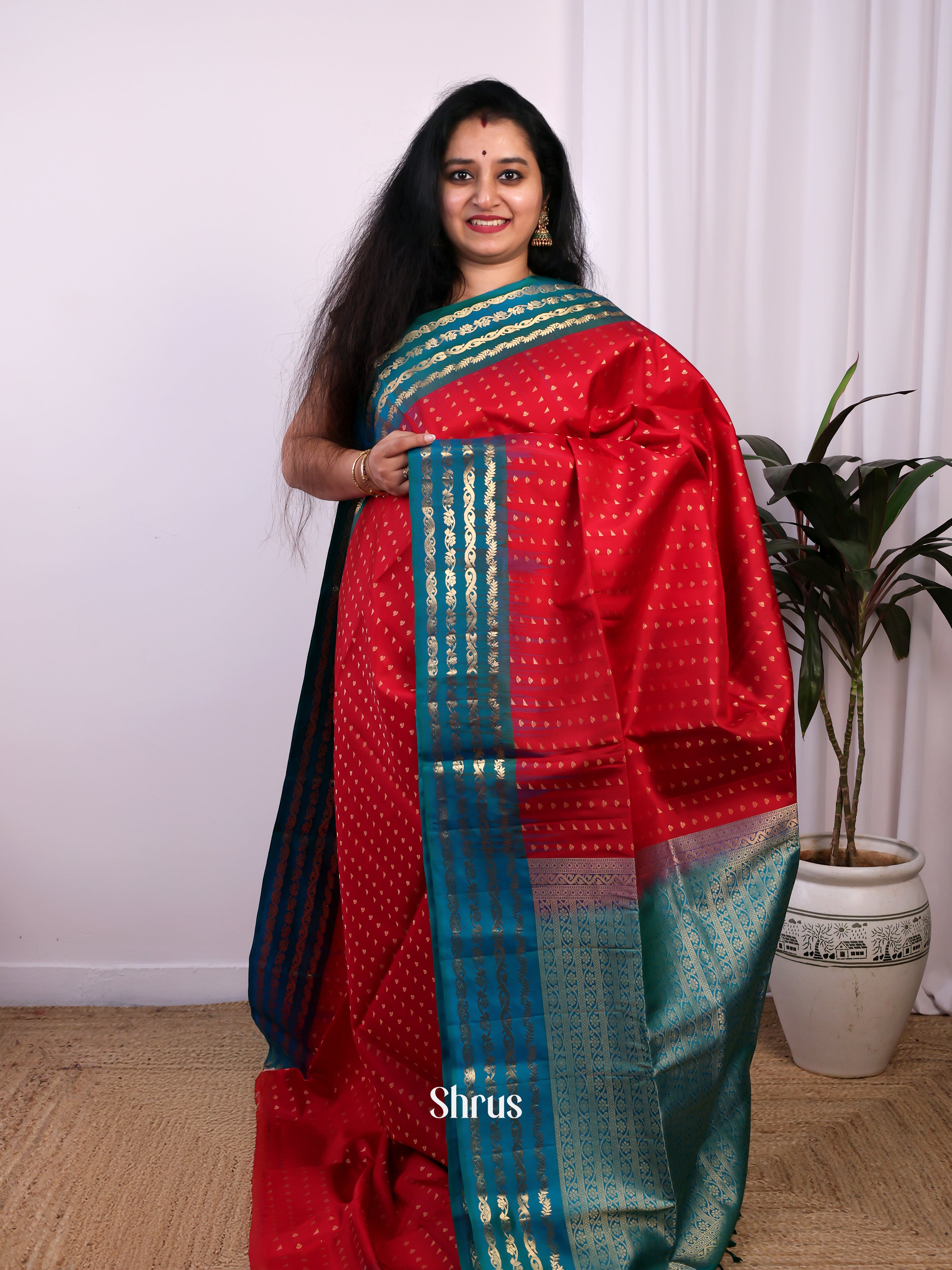 Red & Blue - Soft Silk Saree - Shop on Shrus.com