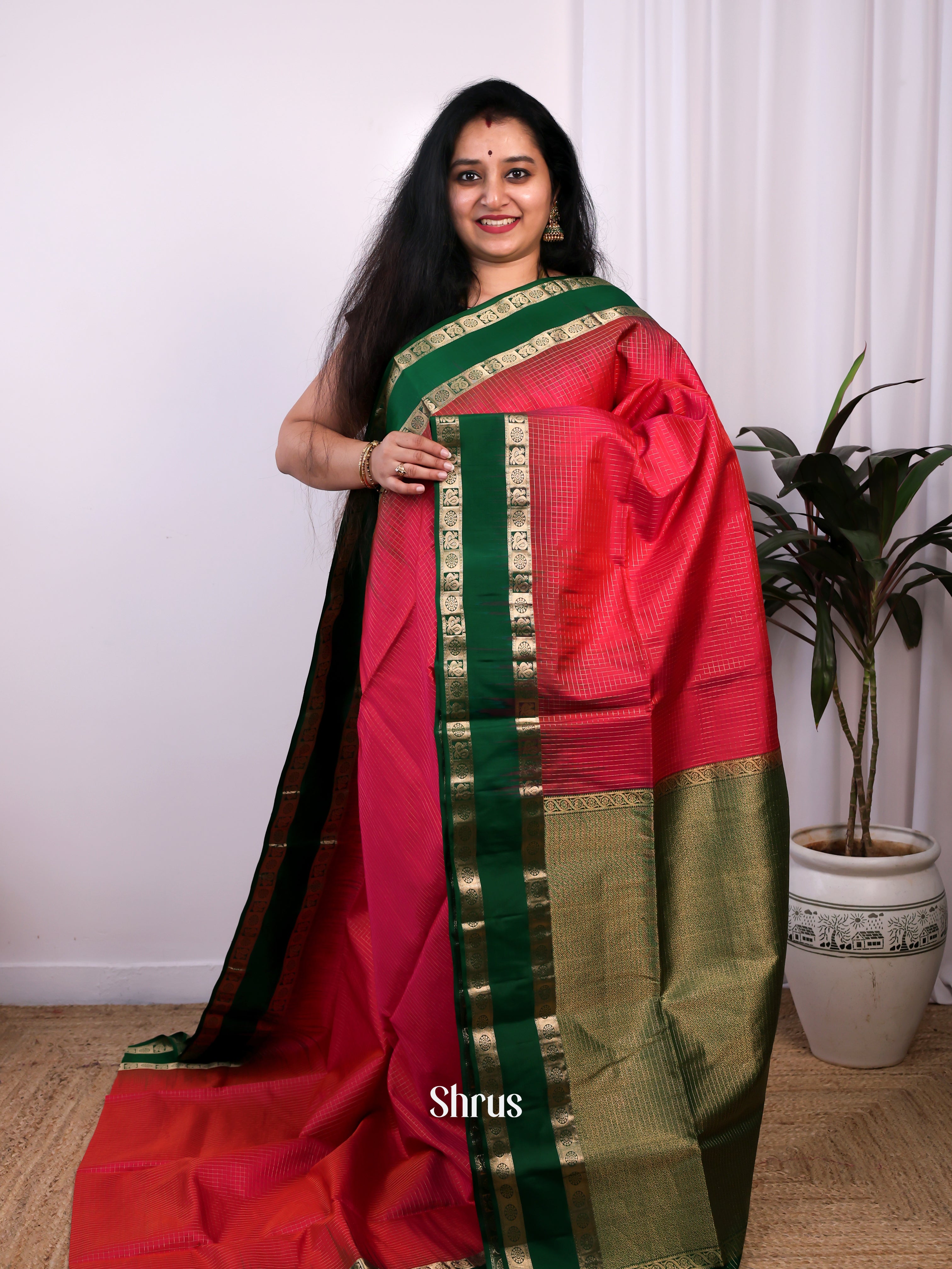 Red & Green - Soft Silk Saree - Shop on Shrus.com