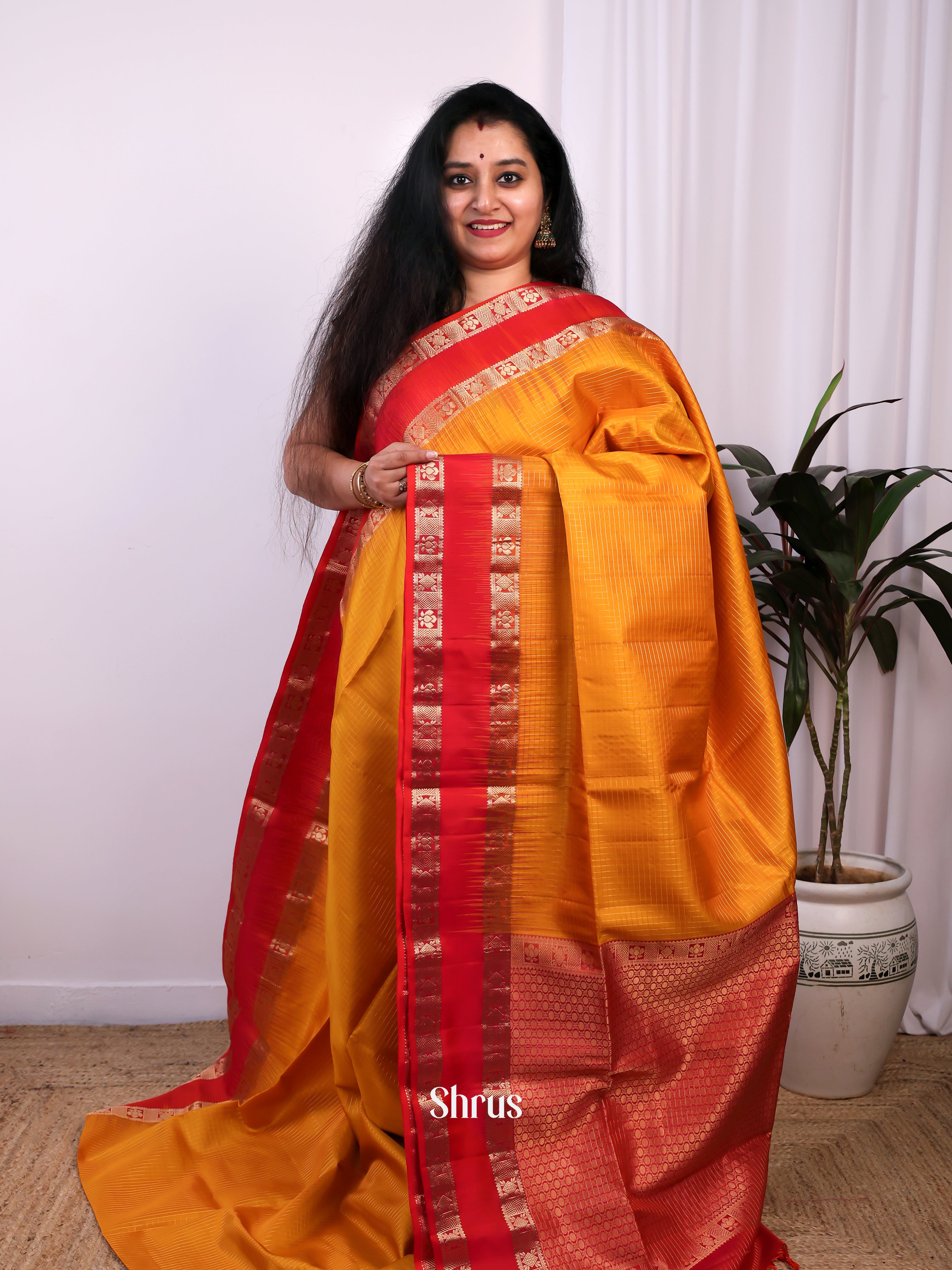 Mustard & Red - Soft Silk Saree - Shop on Shrus.com