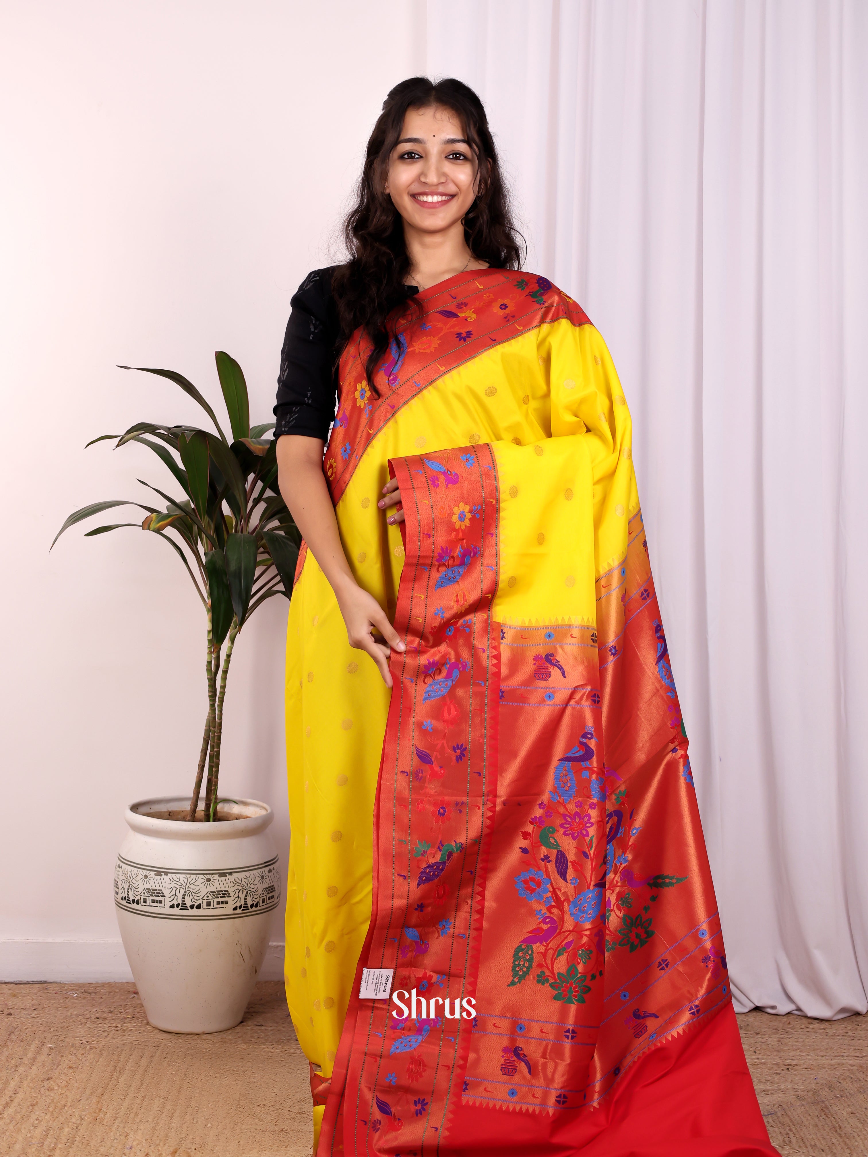 Yellow & Red - Gadwal halfpure Saree - Shop on Shrus.com