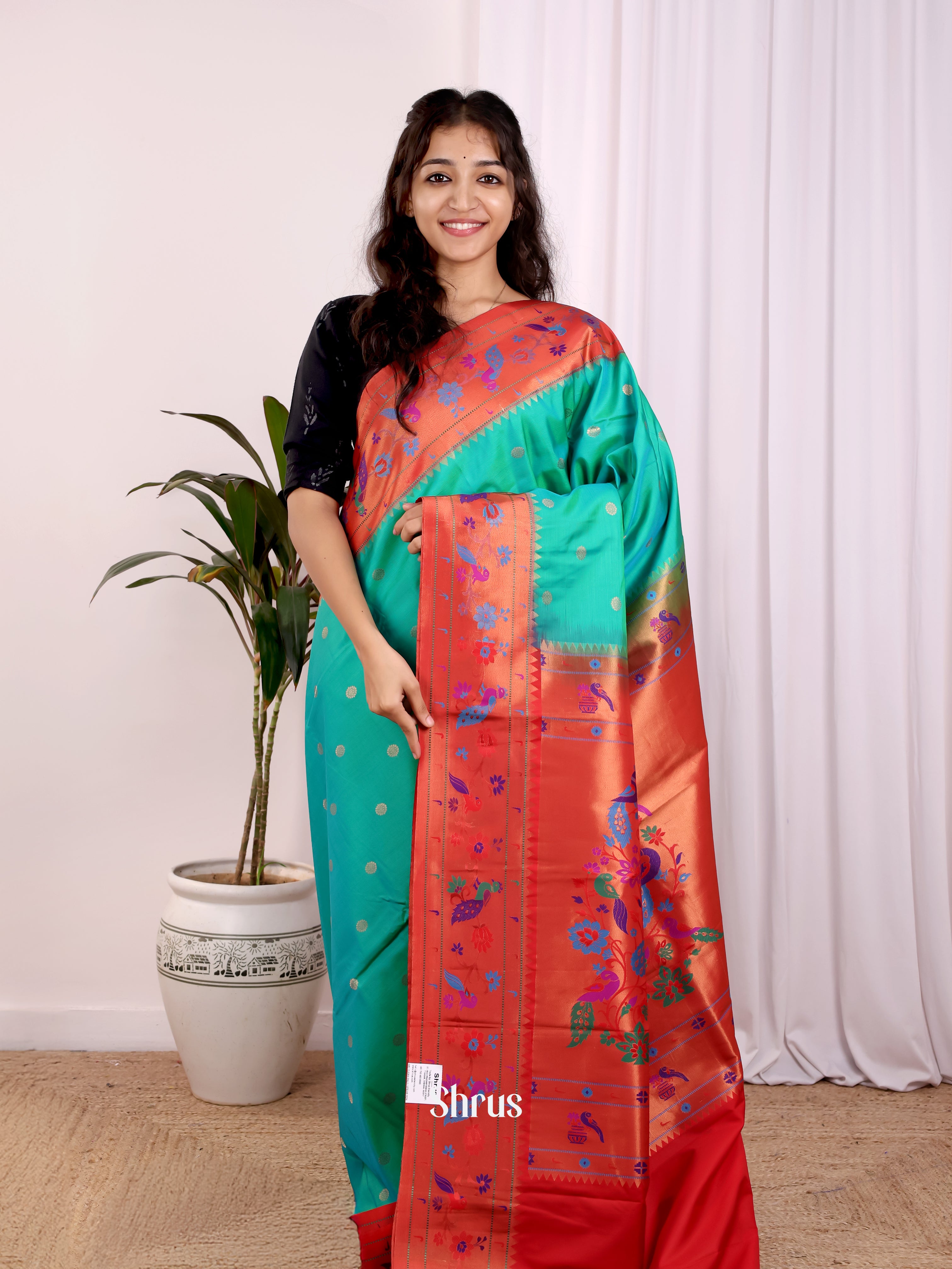 Green & Red - Gadwal halfpure Saree - Shop on Shrus.com