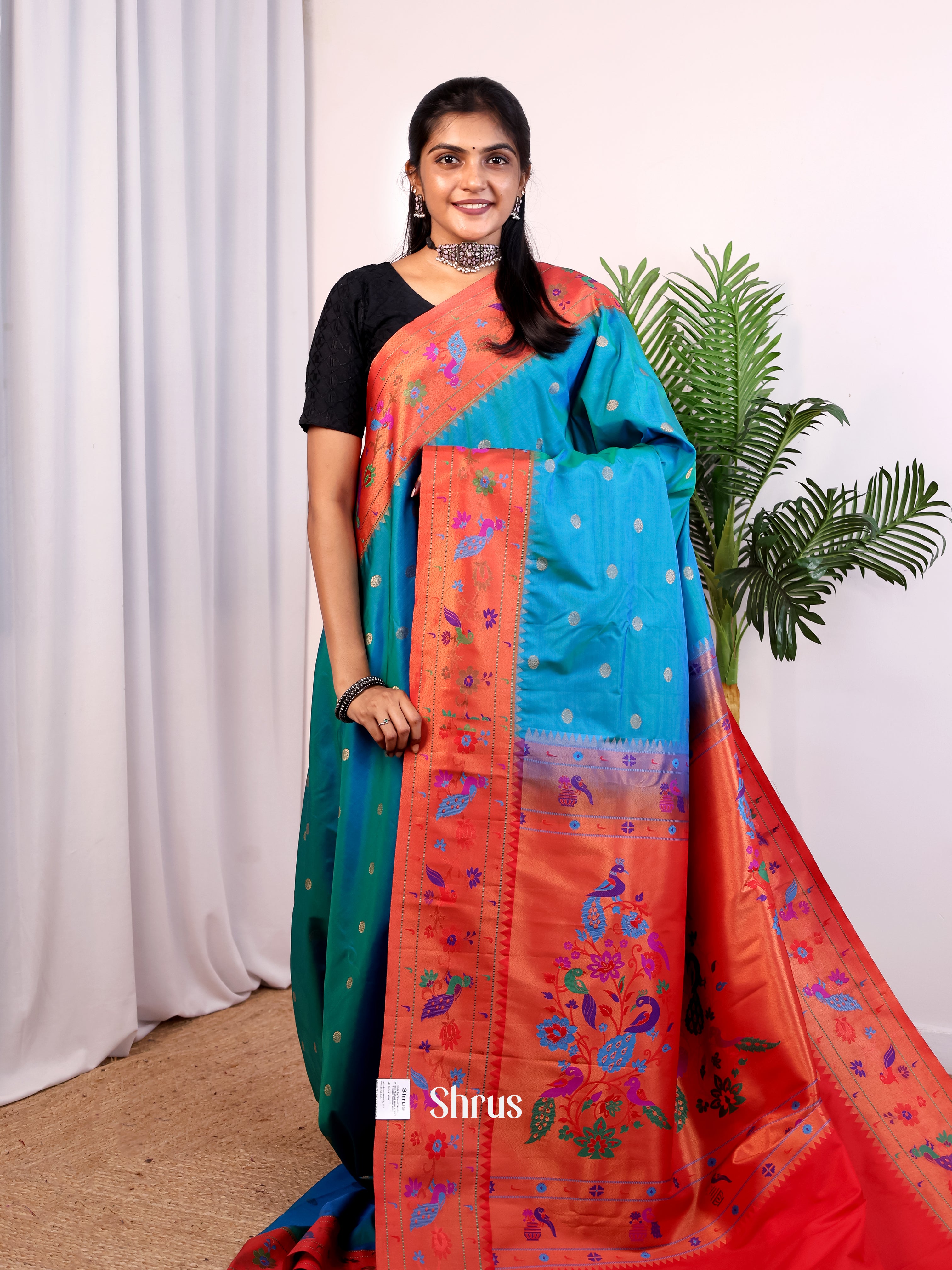 Blue & Red - Gadwal halfpure Saree - Shop on Shrus.com