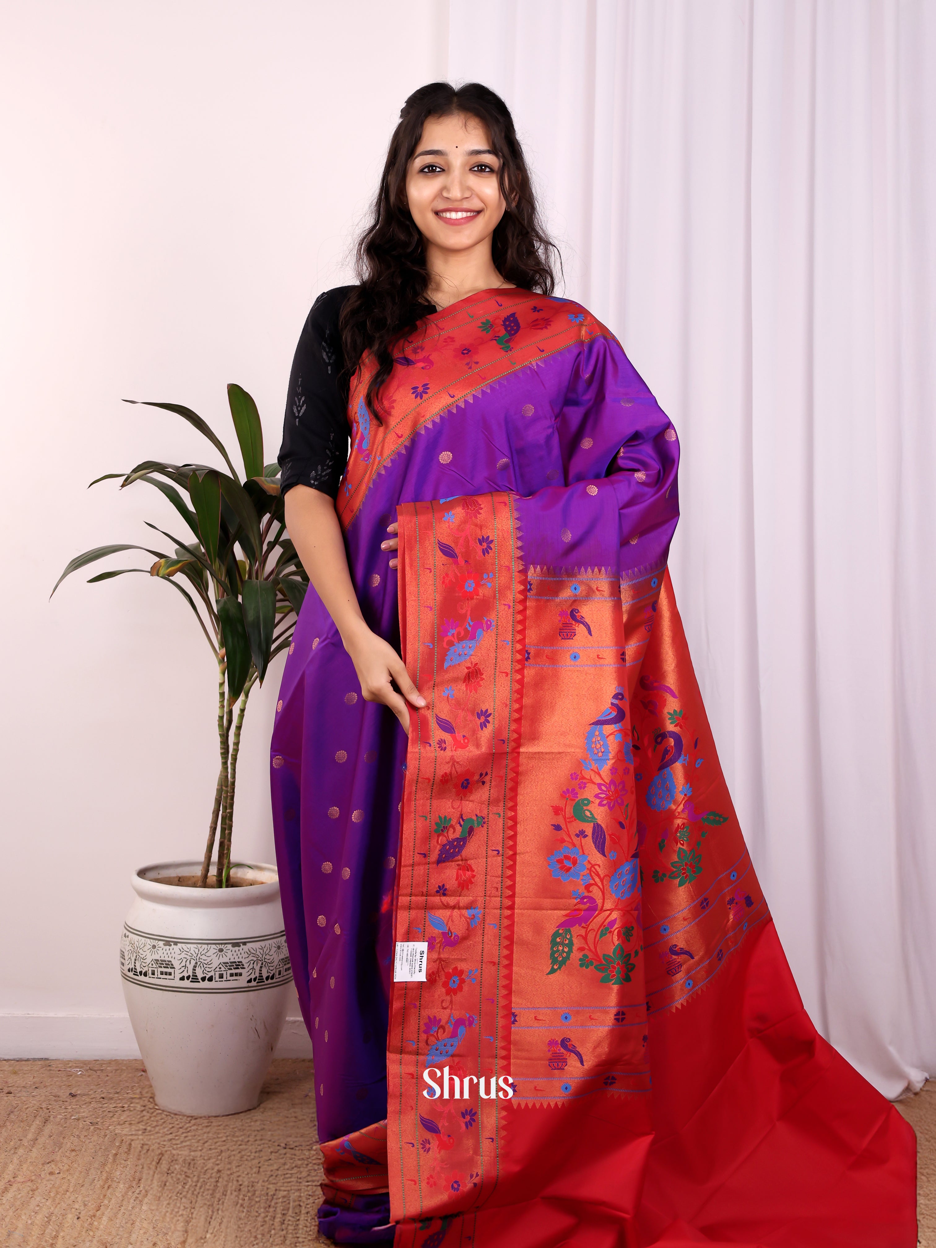 Violet & Red- Gadwal halfpure Saree - Shop on Shrus.com