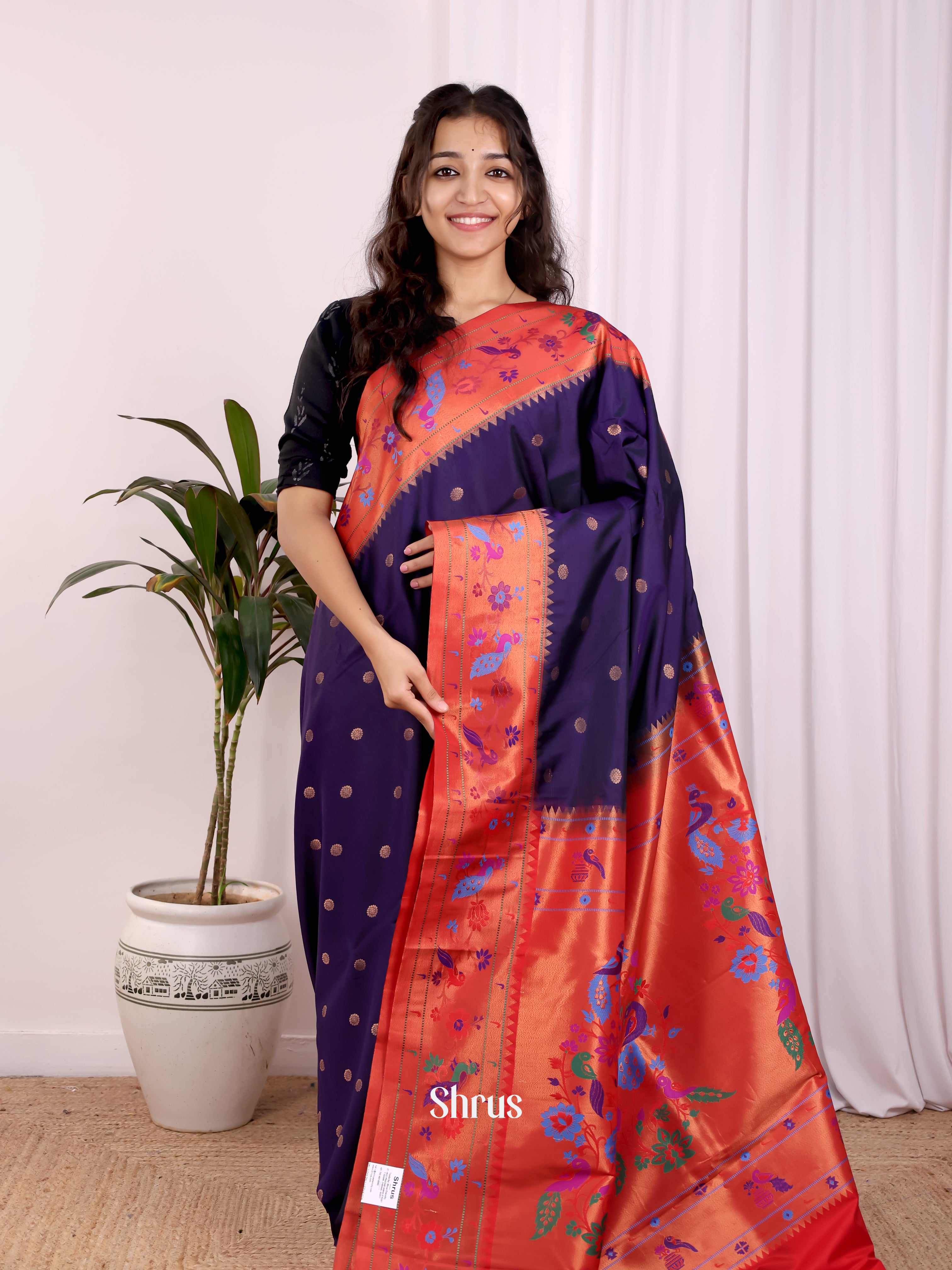 Blue & Red- Gadwal halfpure Saree - Shop on Shrus.com