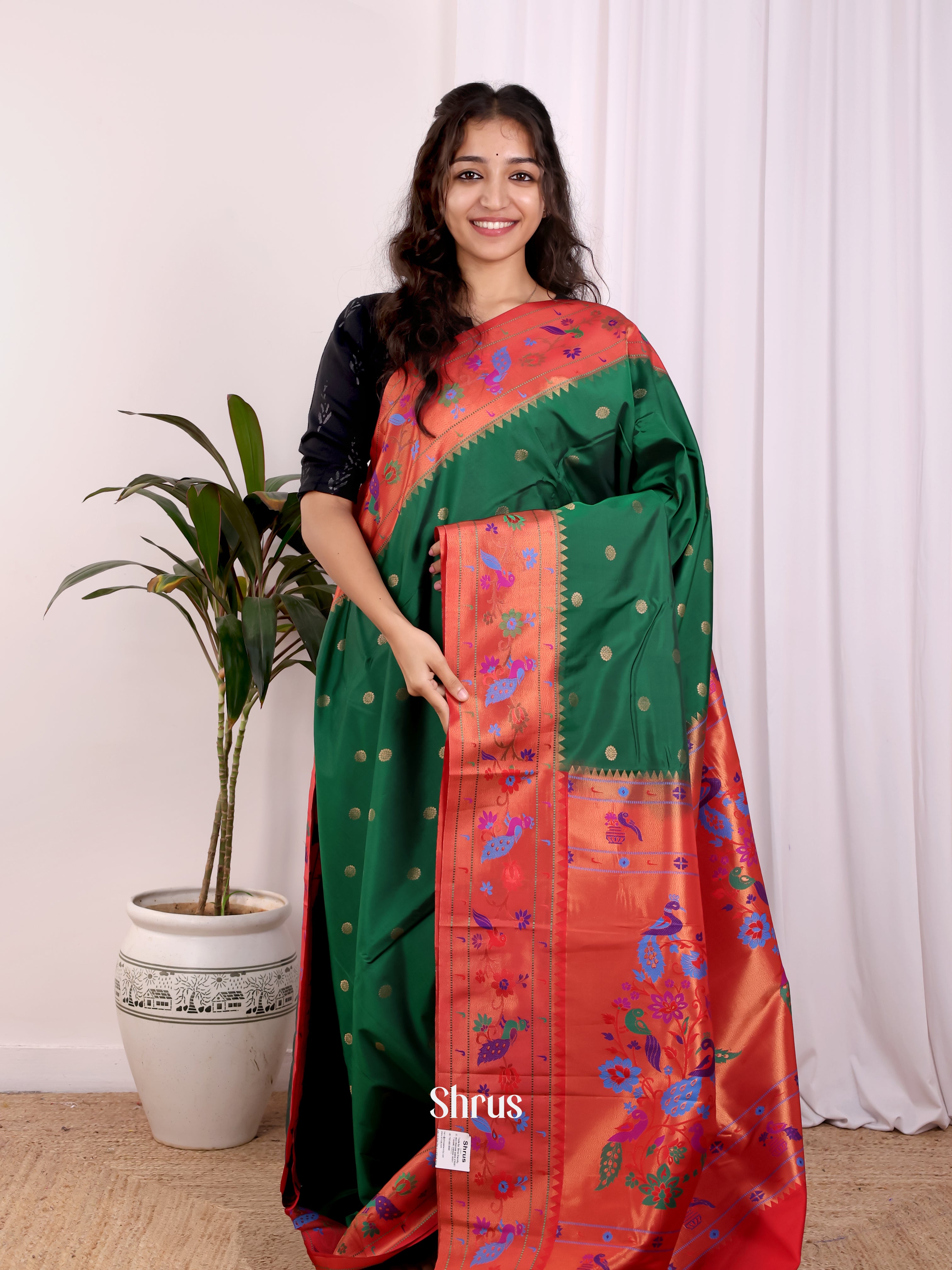 Green & Red - Gadwal halfpure Saree - Shop on Shrus.com
