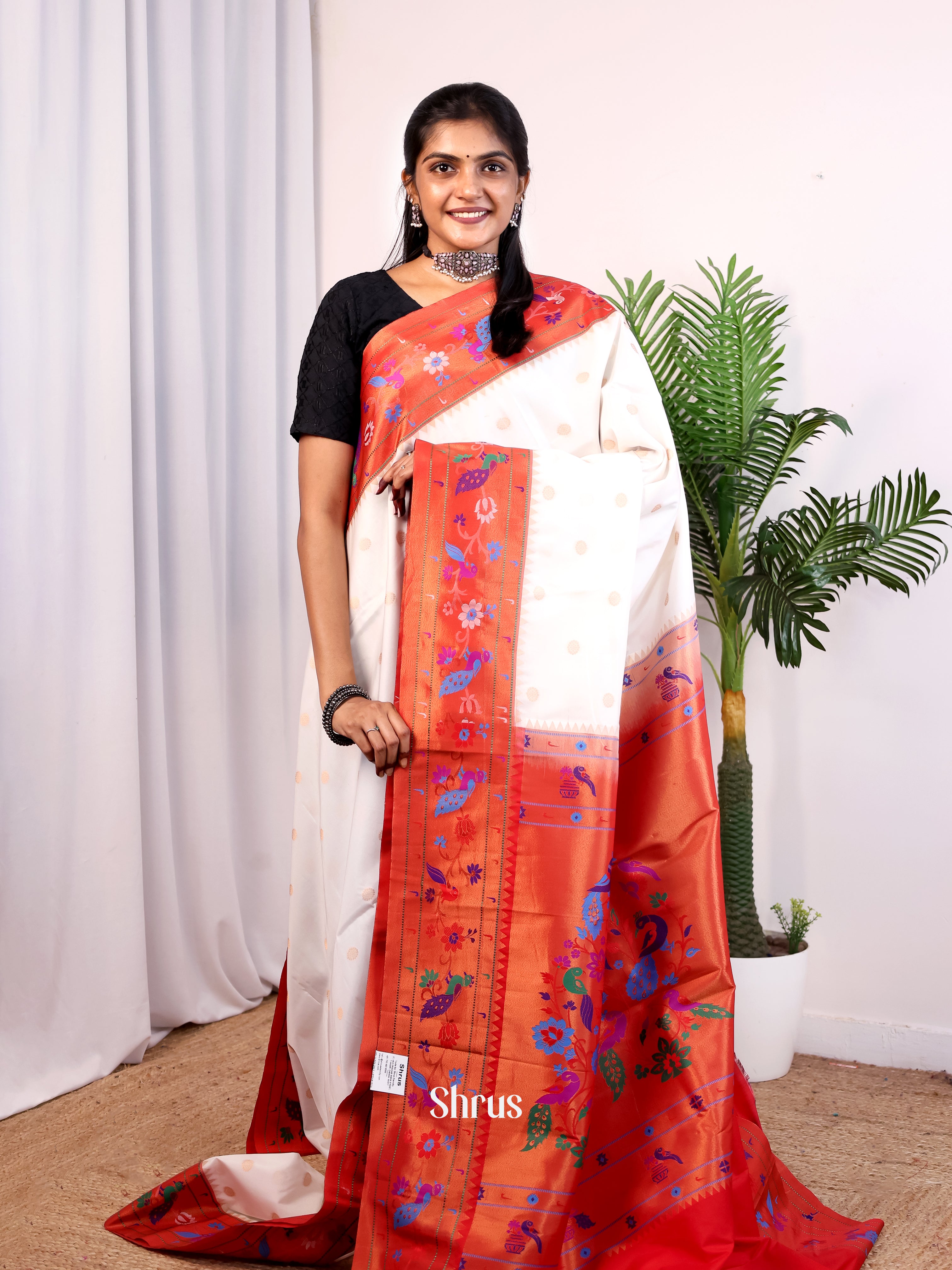 Cream & Red- Gadwal halfpure - Shop on Shrus.com