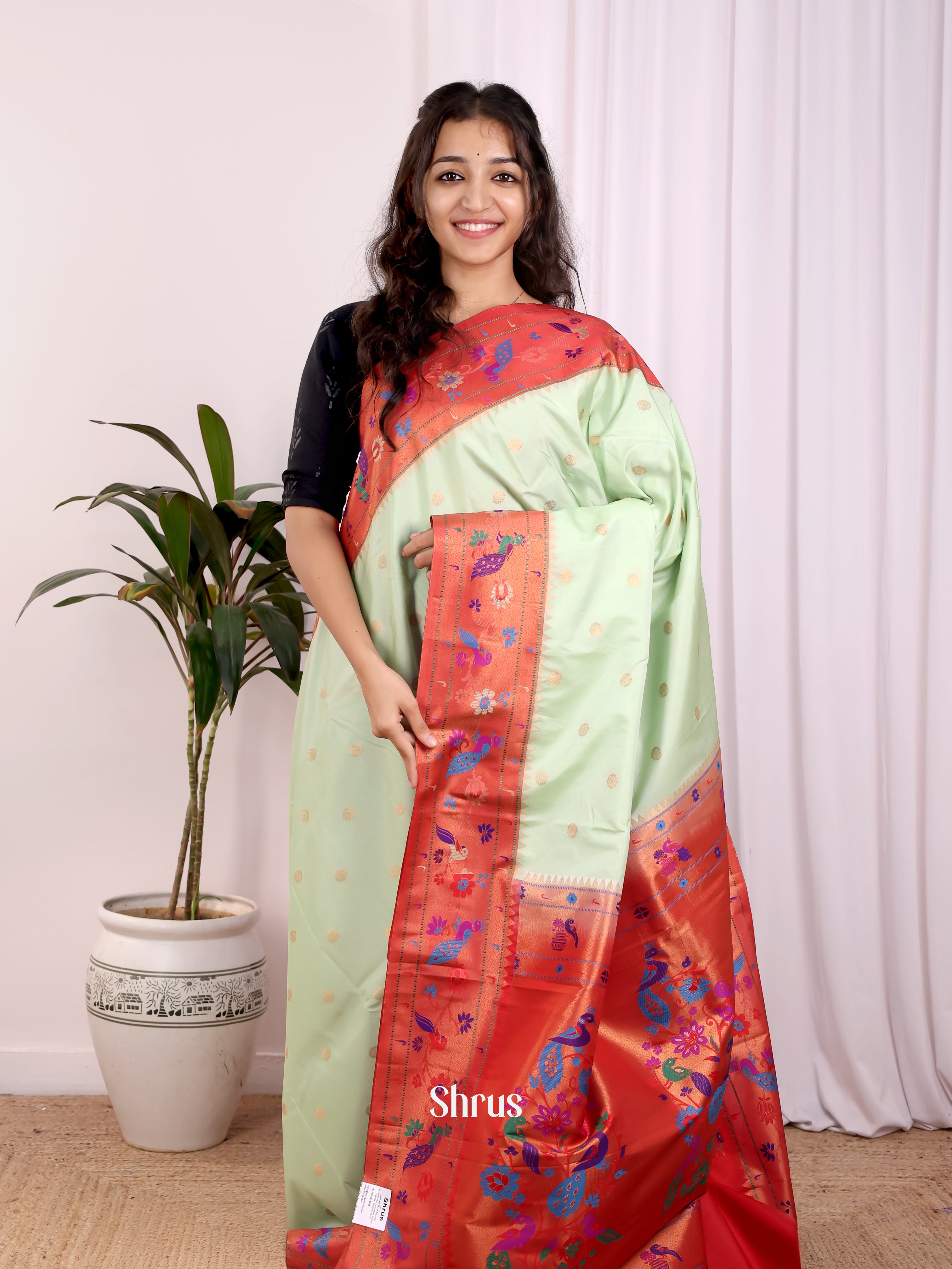 pista Green& Red - Gadwal halfpure Saree - Shop on Shrus.com