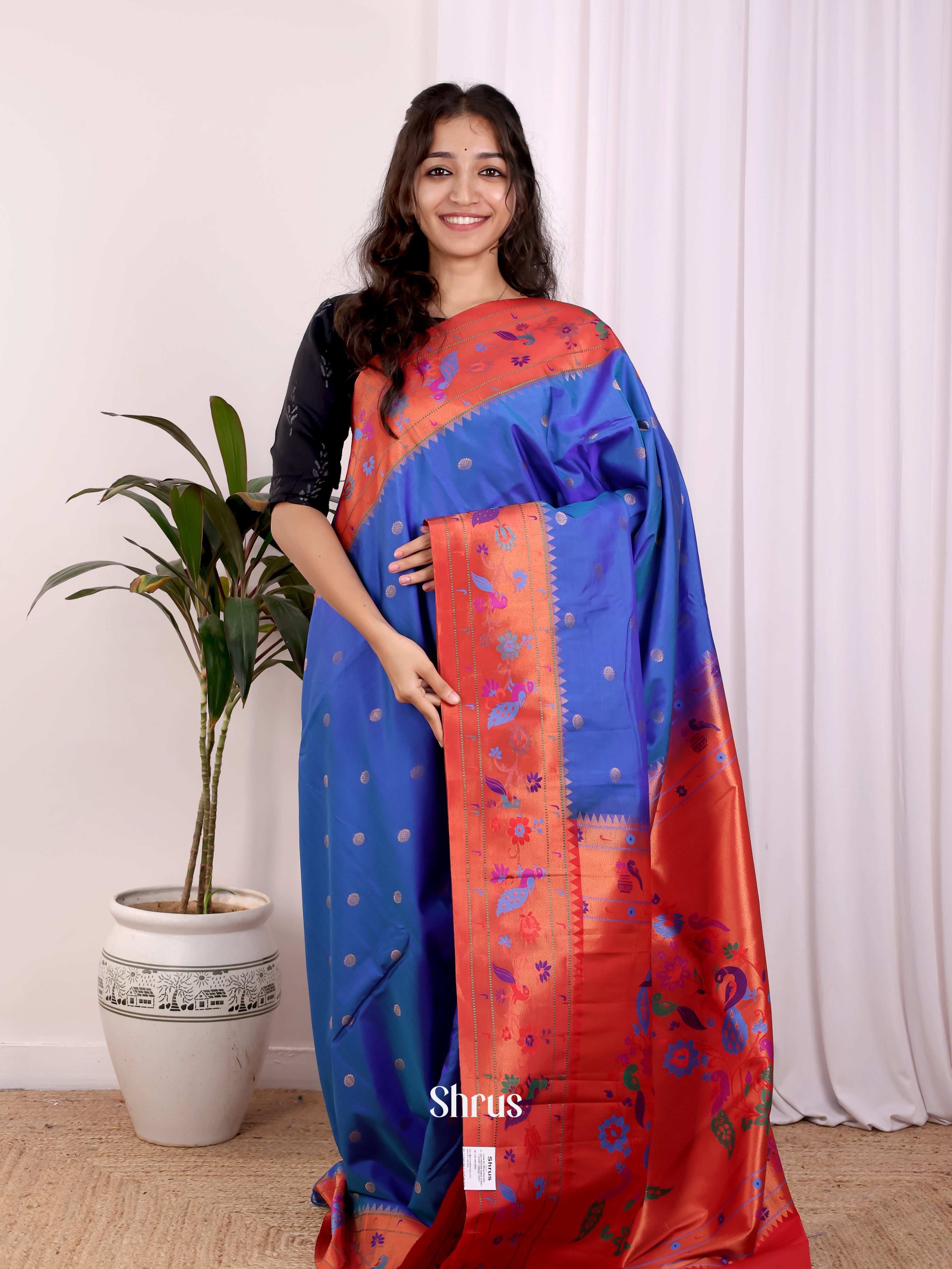Blue & Red - Gadwal halfpure Saree - Shop on Shrus.com