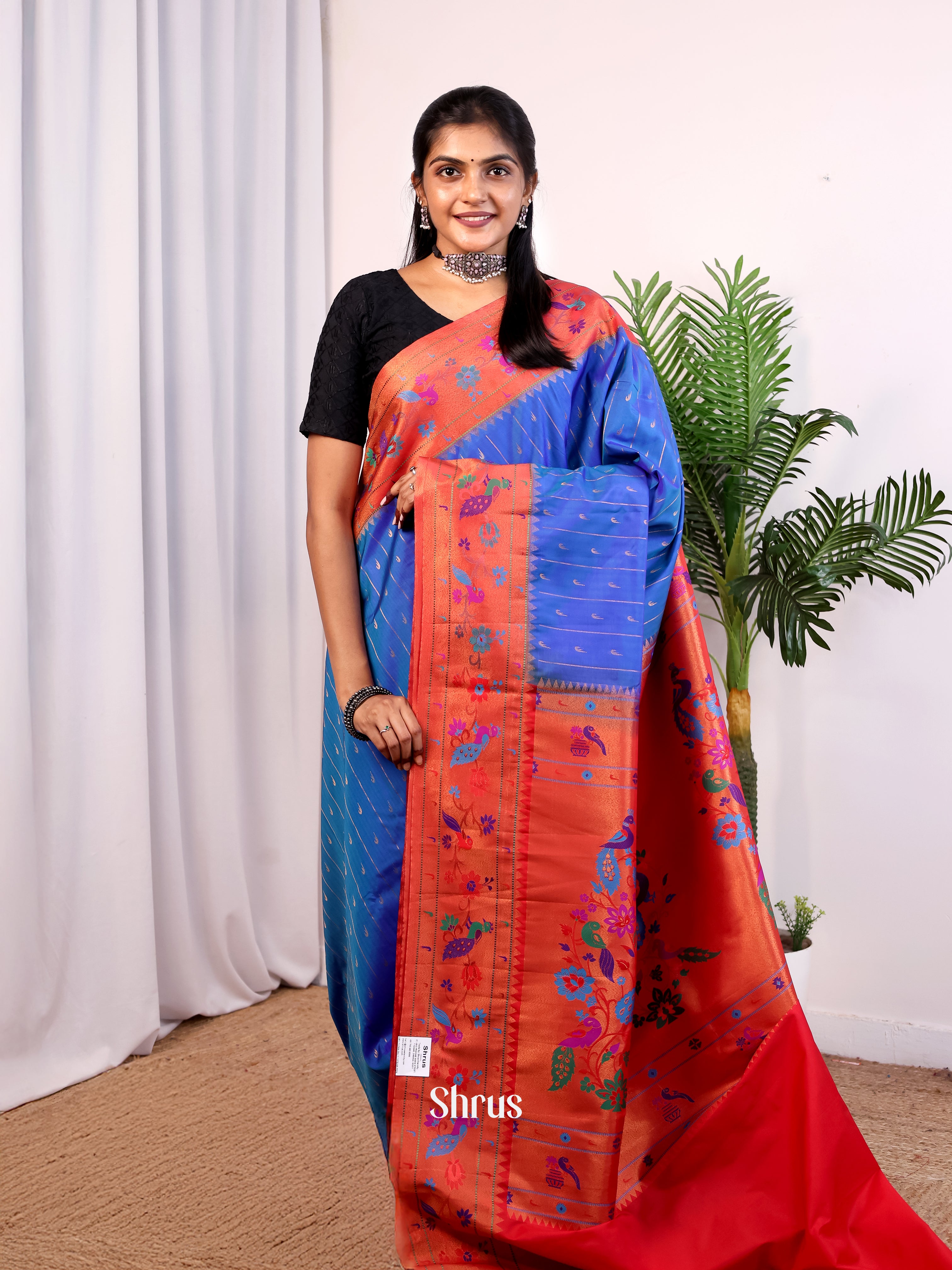 Blue & Red - Gadwal halfpure Saree - Shop on Shrus.com