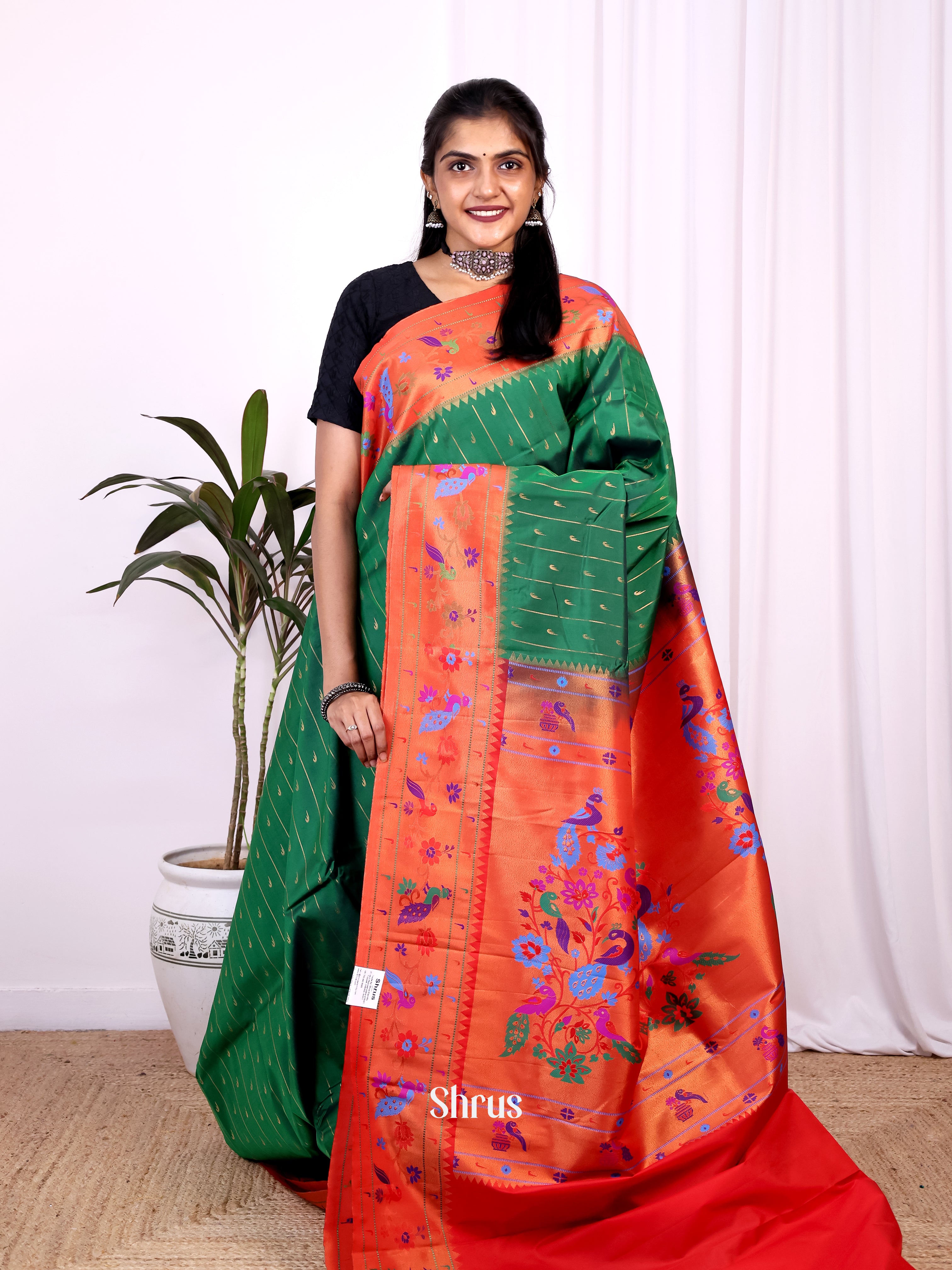 Green & Red - Gadwal halfpure Saree - Shop on Shrus.com