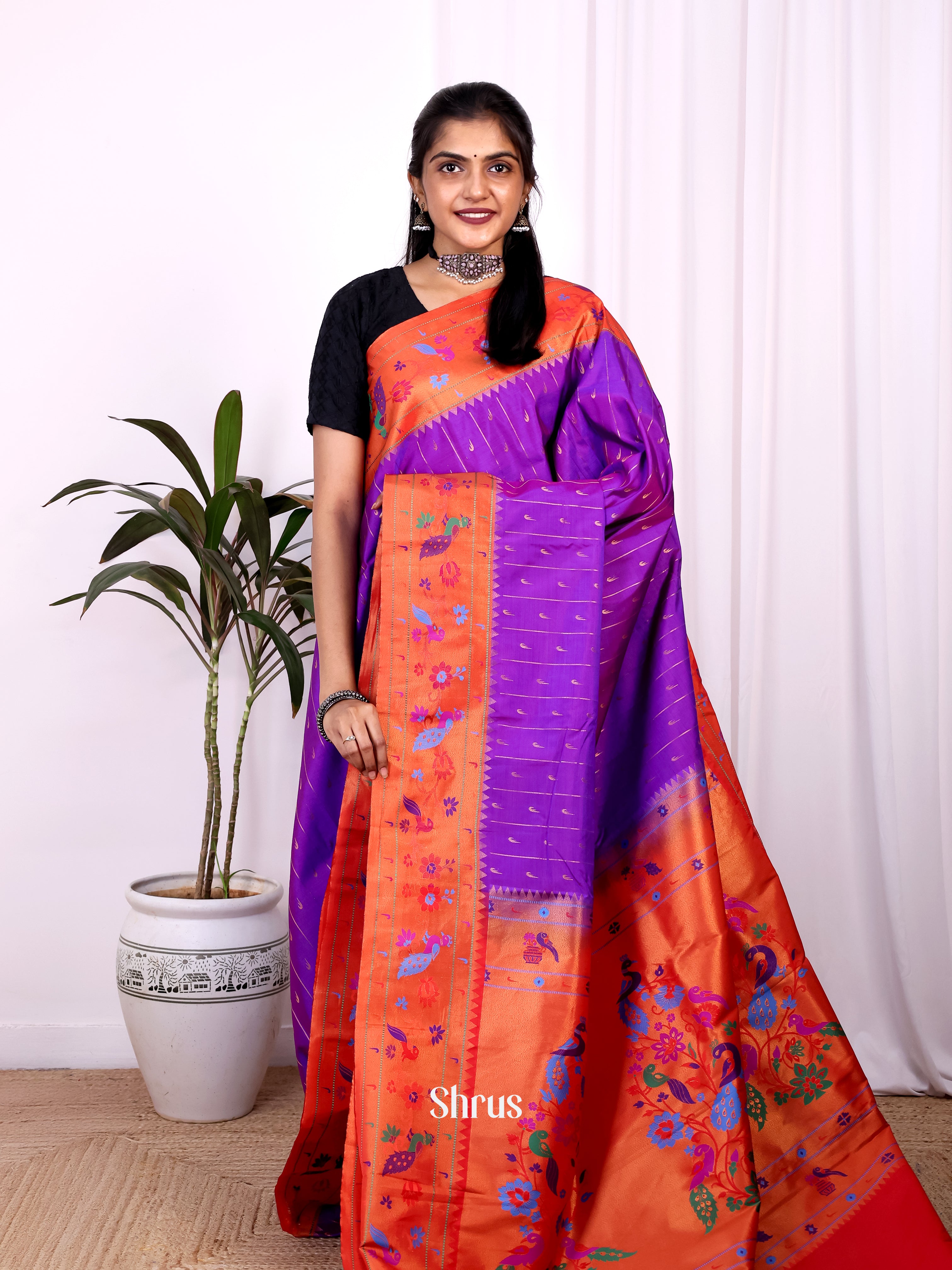 Violet & Red - Gadwal halfpure Saree - Shop on Shrus.com