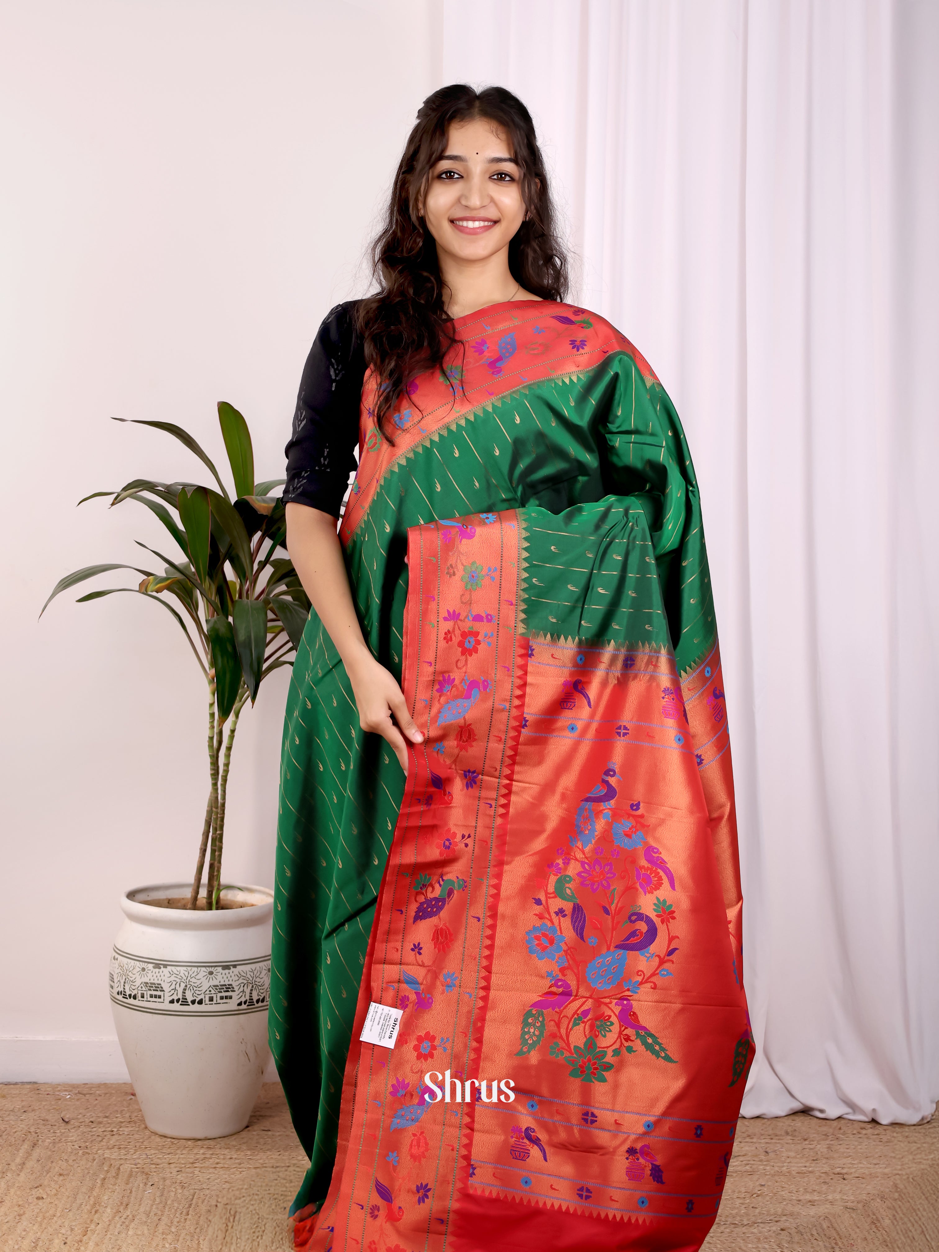 Green & Red - Gadwal halfpure Saree - Shop on Shrus.com