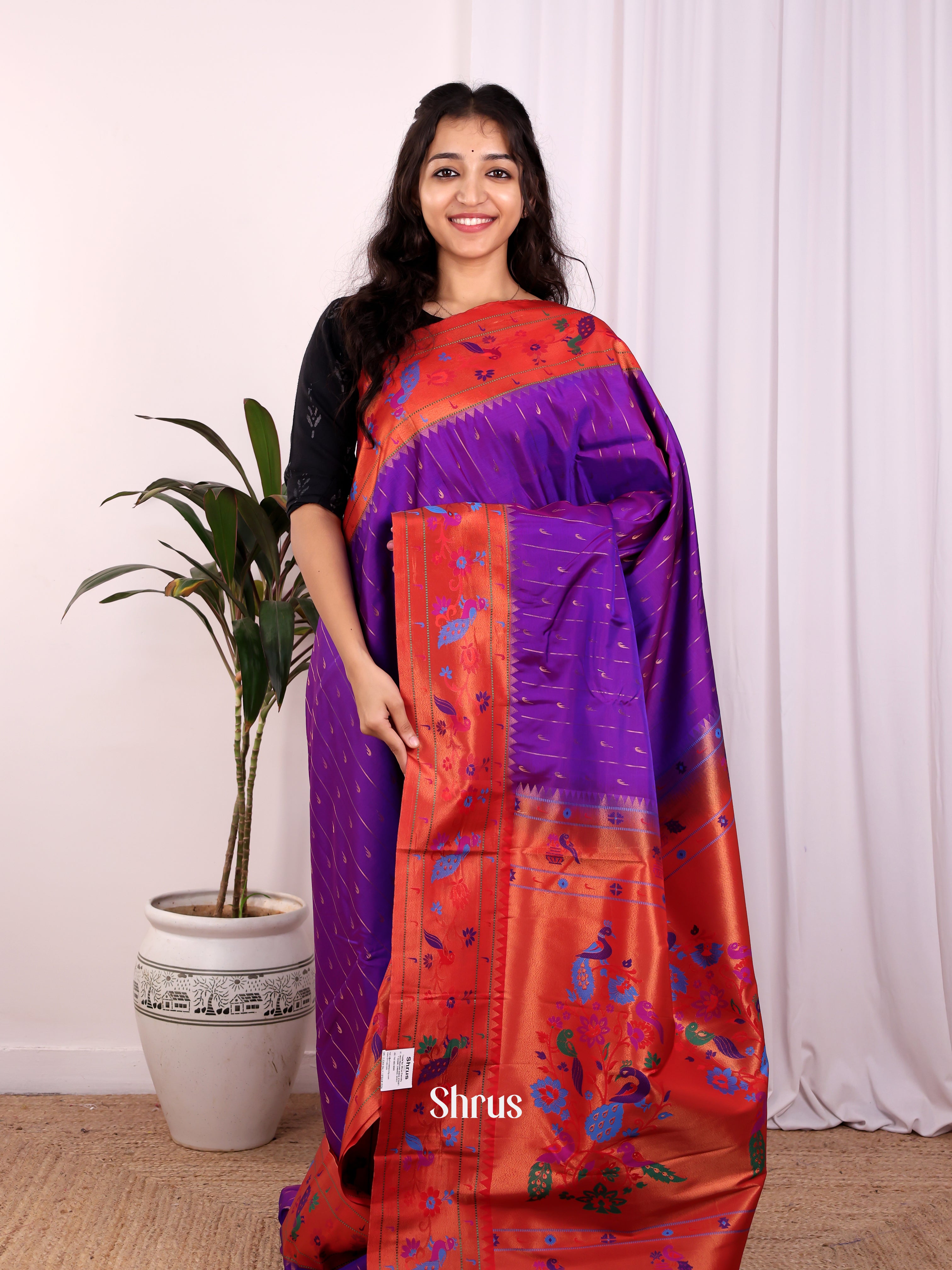 Violet & Red- Gadwal halfpure Saree - Shop on Shrus.com