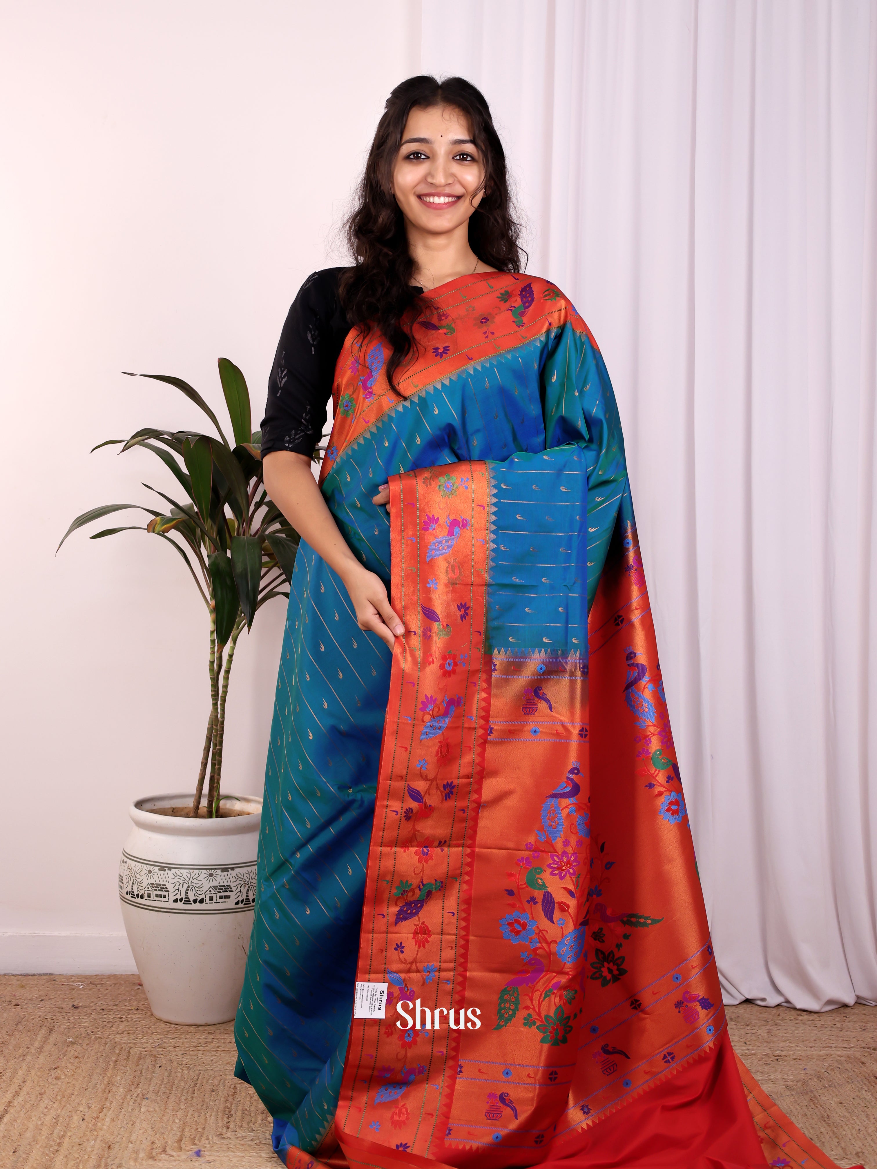 Blue & Red - Gadwal halfpure Saree - Shop on Shrus.com