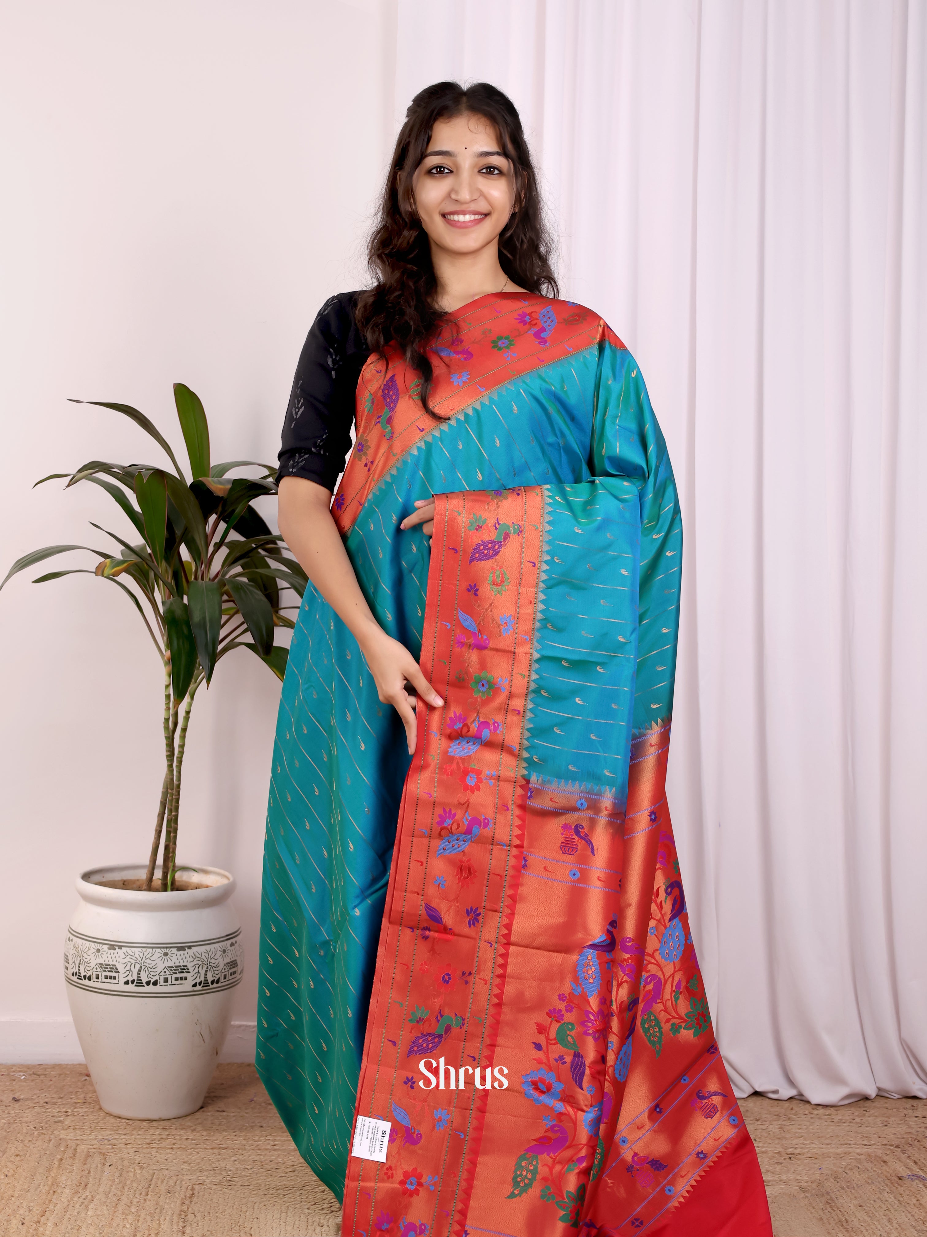Blue & Red- Gadwal halfpure Saree - Shop on Shrus.com