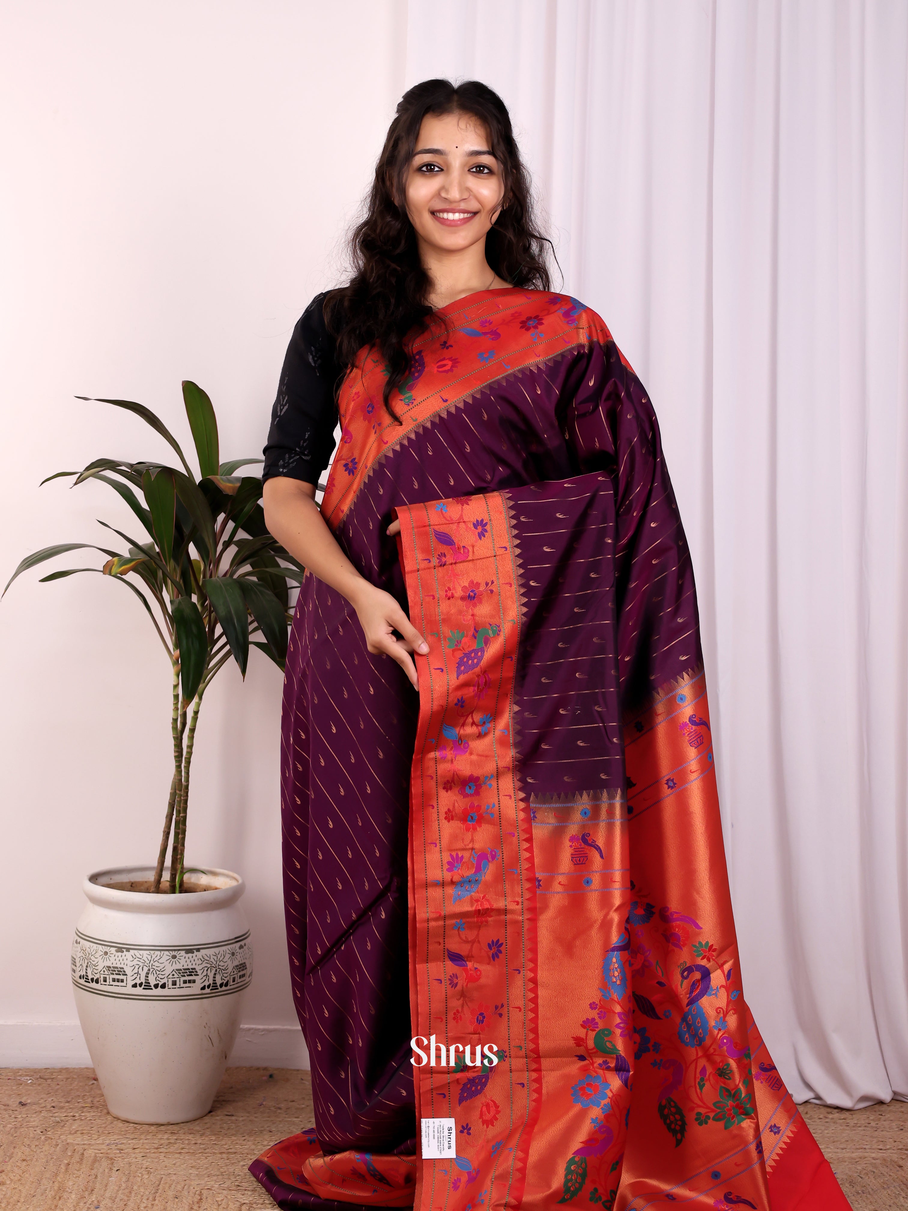 Dark Purple & Red- Gadwal halfpure Saree - Shop on Shrus.com