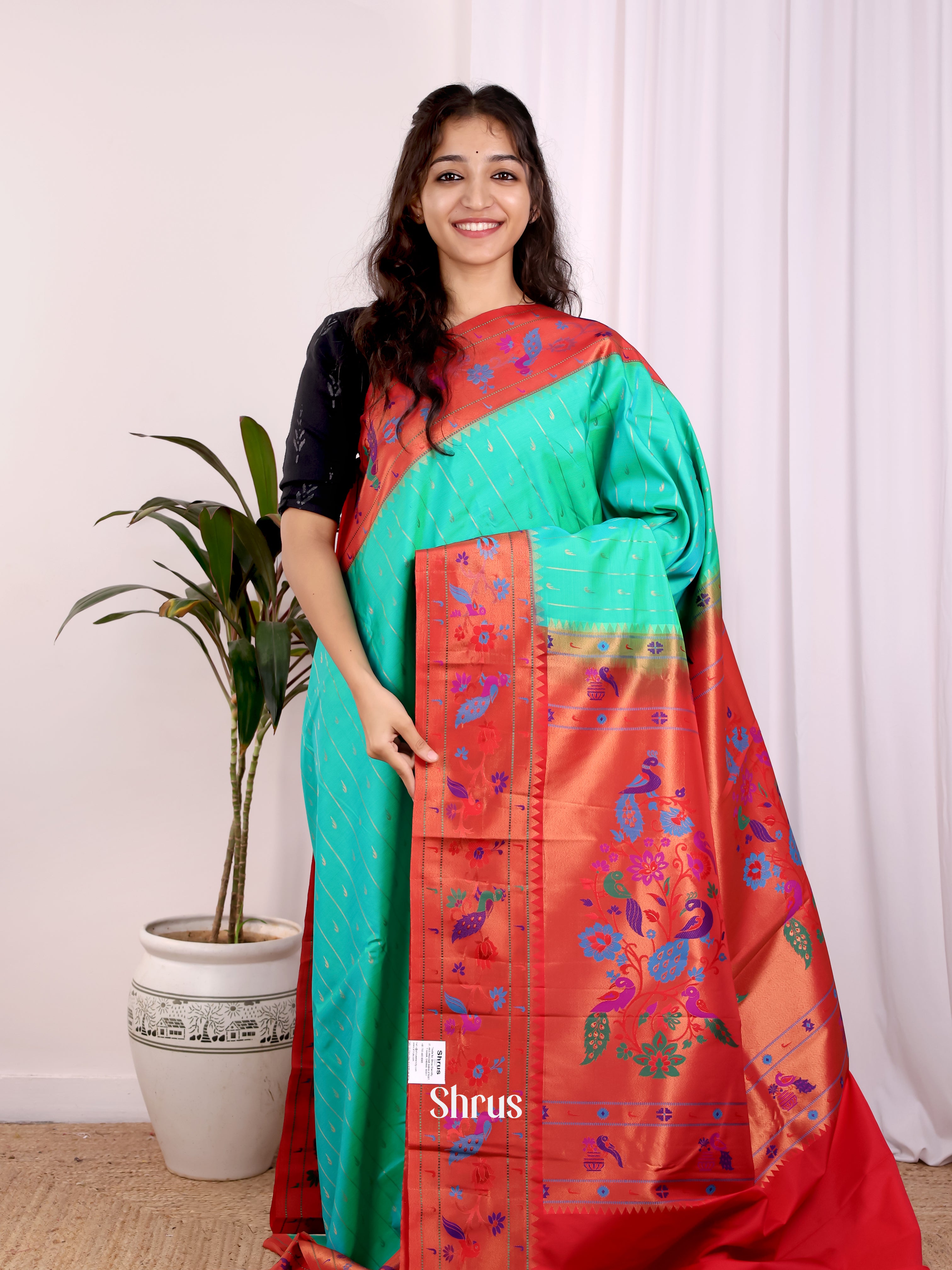 Green & Red - Gadwal halfpure Saree - Shop on Shrus.com