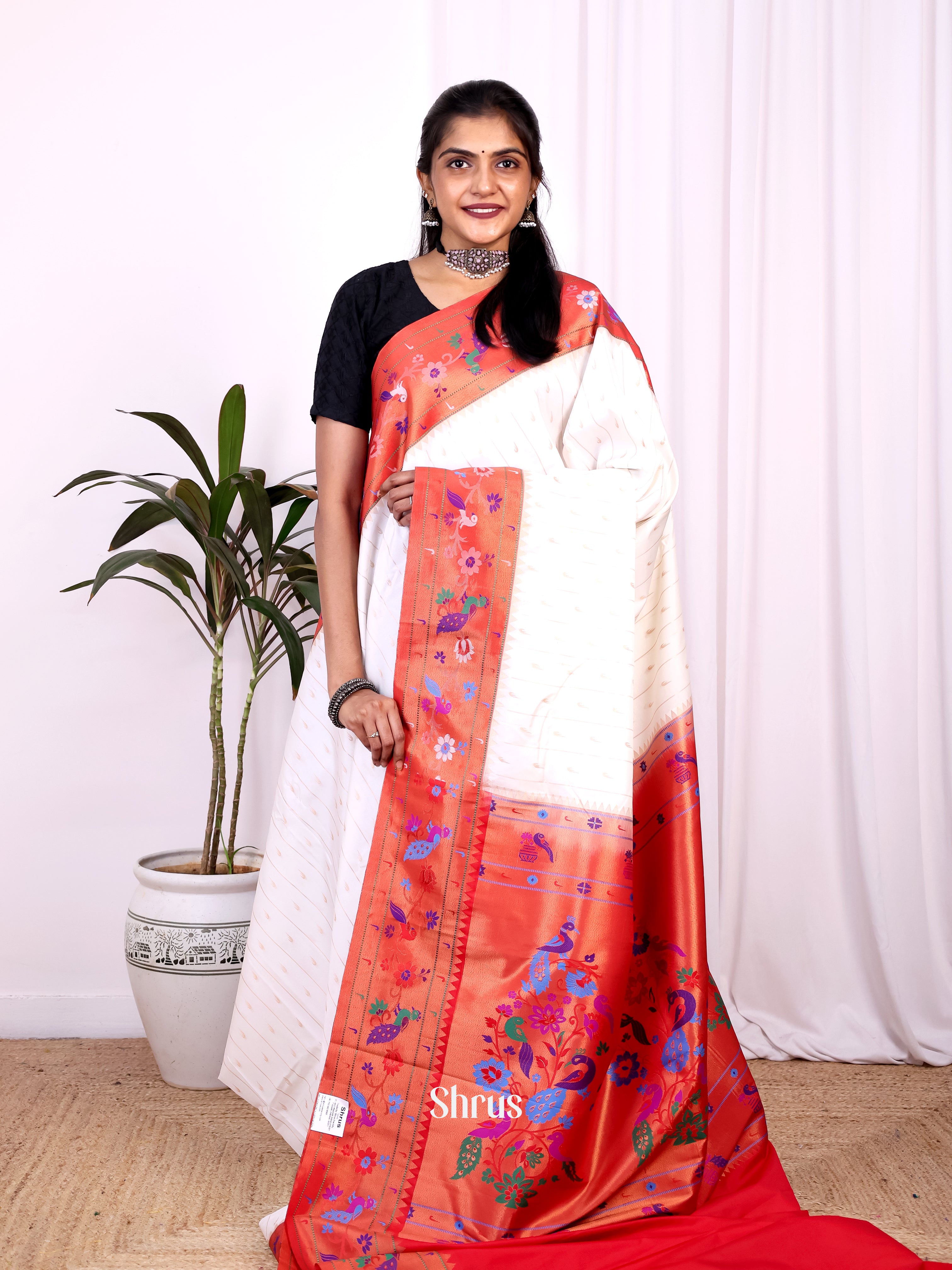 Cream & Red - Gadwal halfpure Saree - Shop on Shrus.com