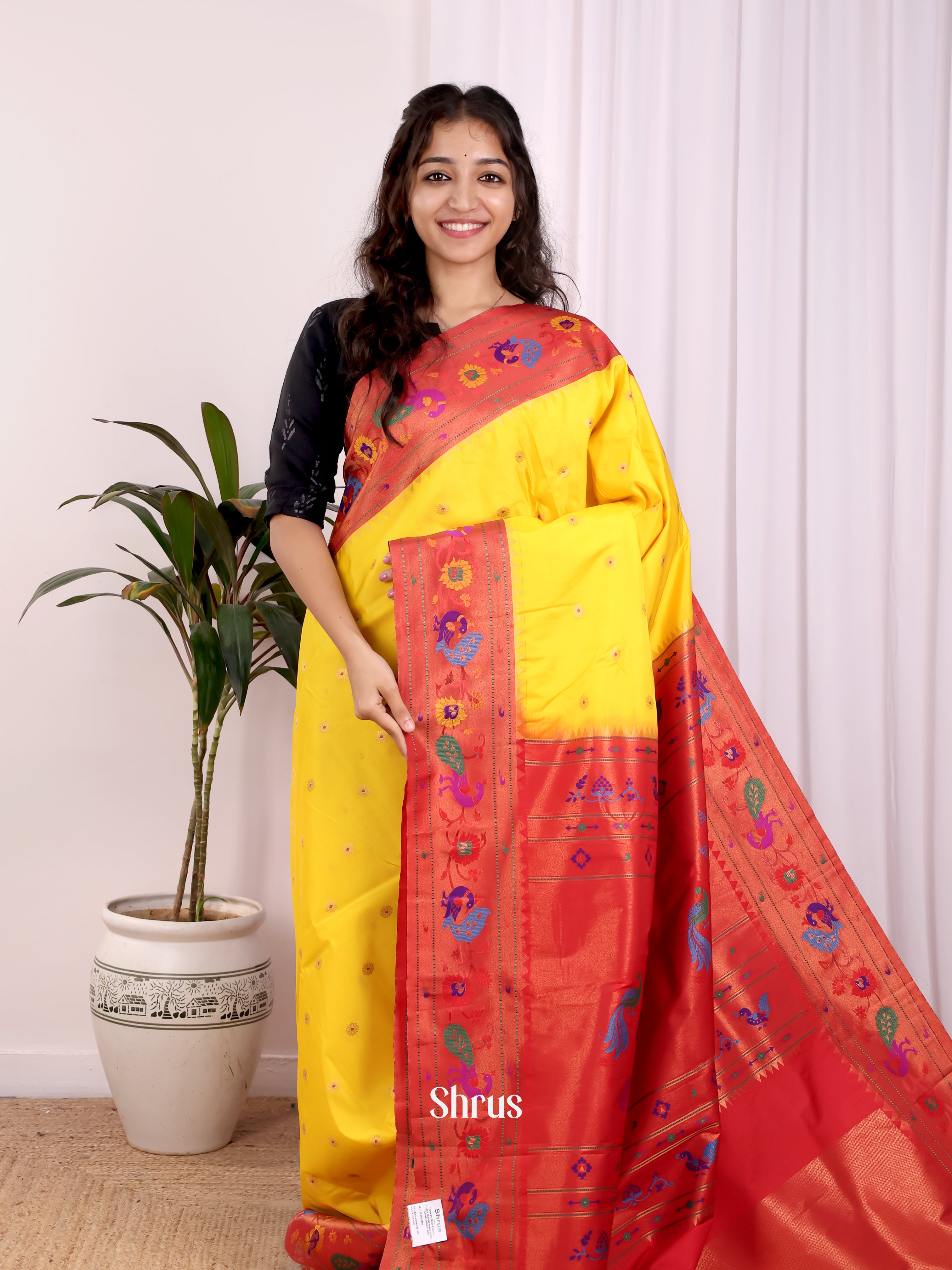 Yellow & Red- Gadwal halfpure Saree - Shop on Shrus.com