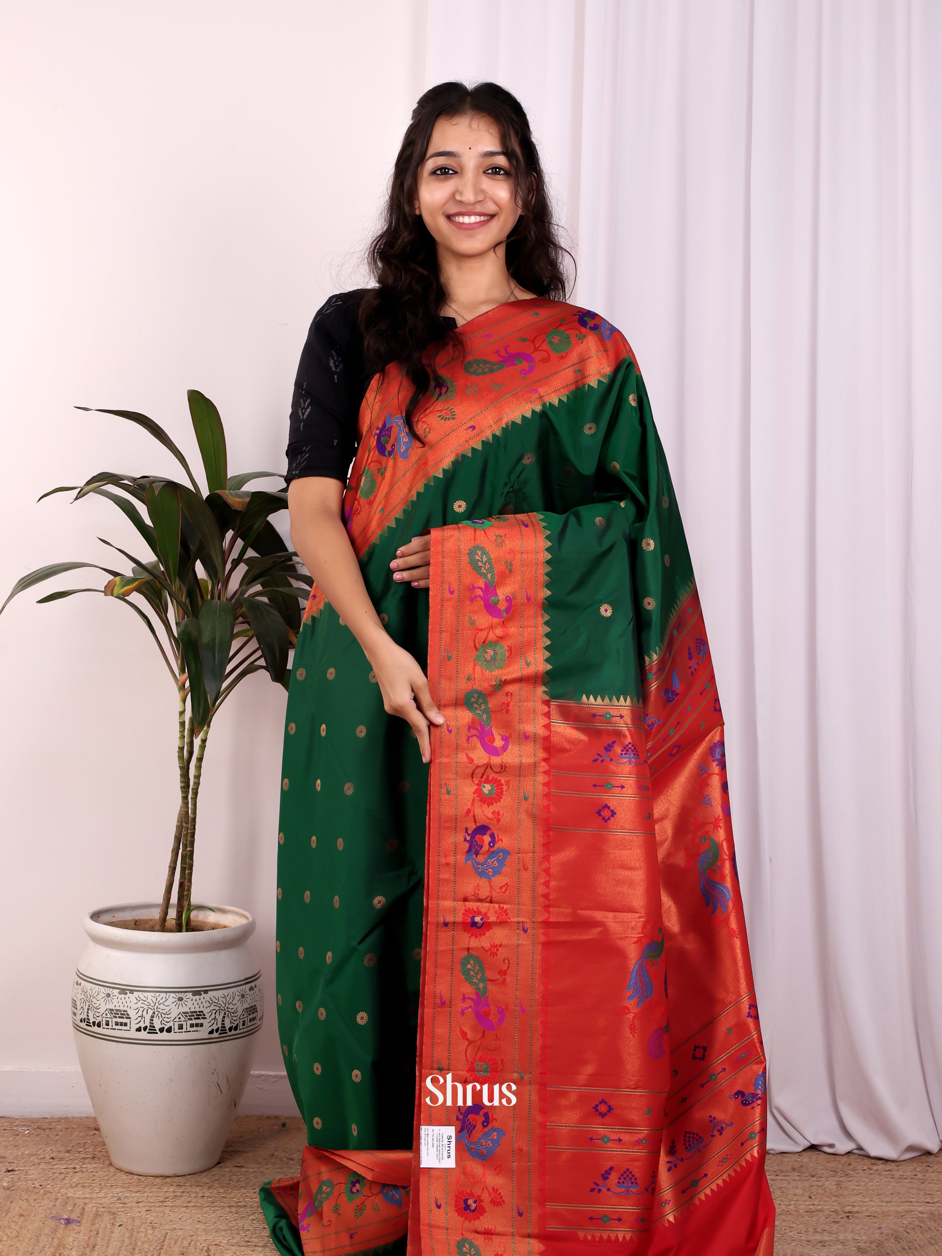 Green & Red - Gadwal halfpure Saree - Shop on Shrus.com