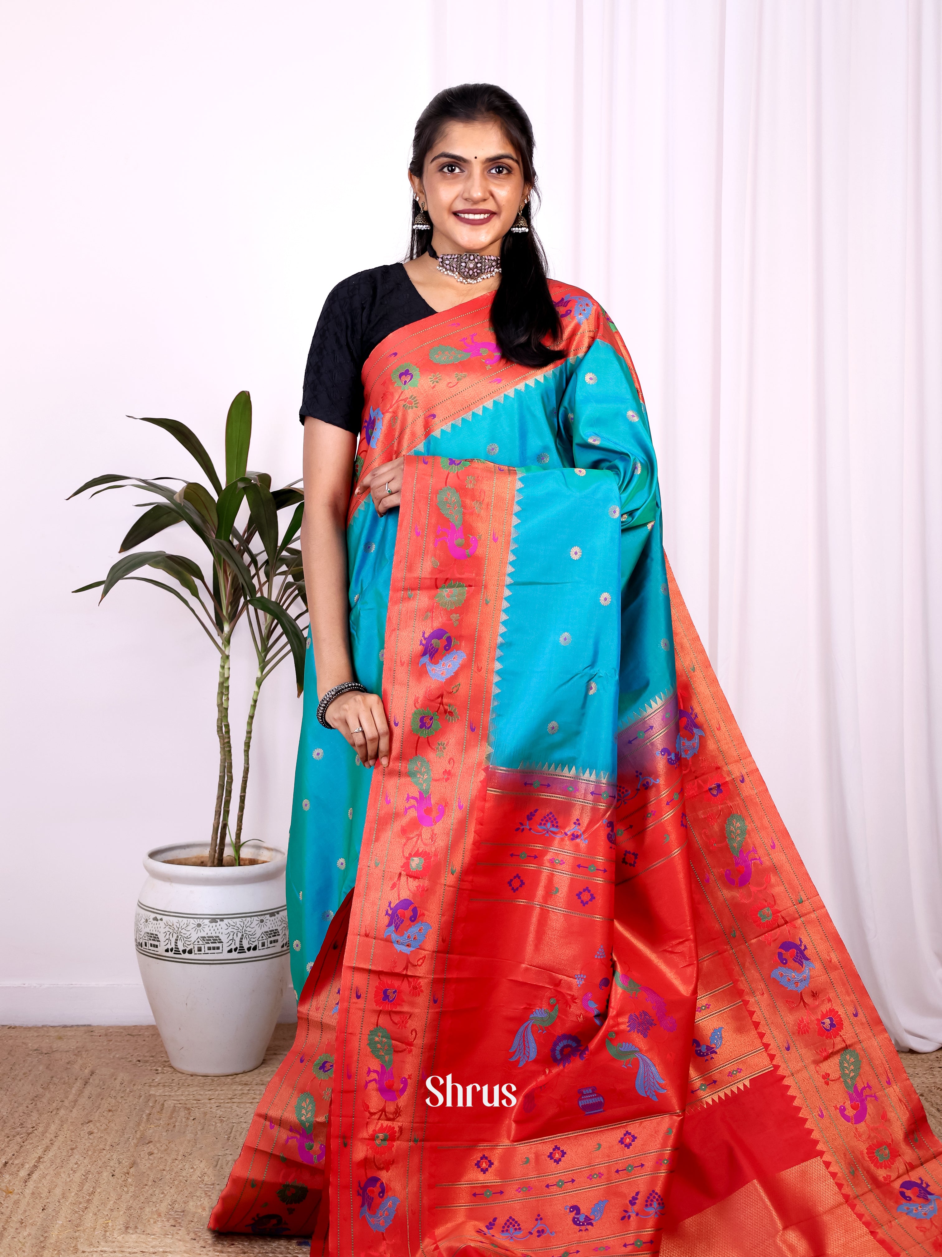 Blue & Red - Gadwal halfpure Saree - Shop on Shrus.com