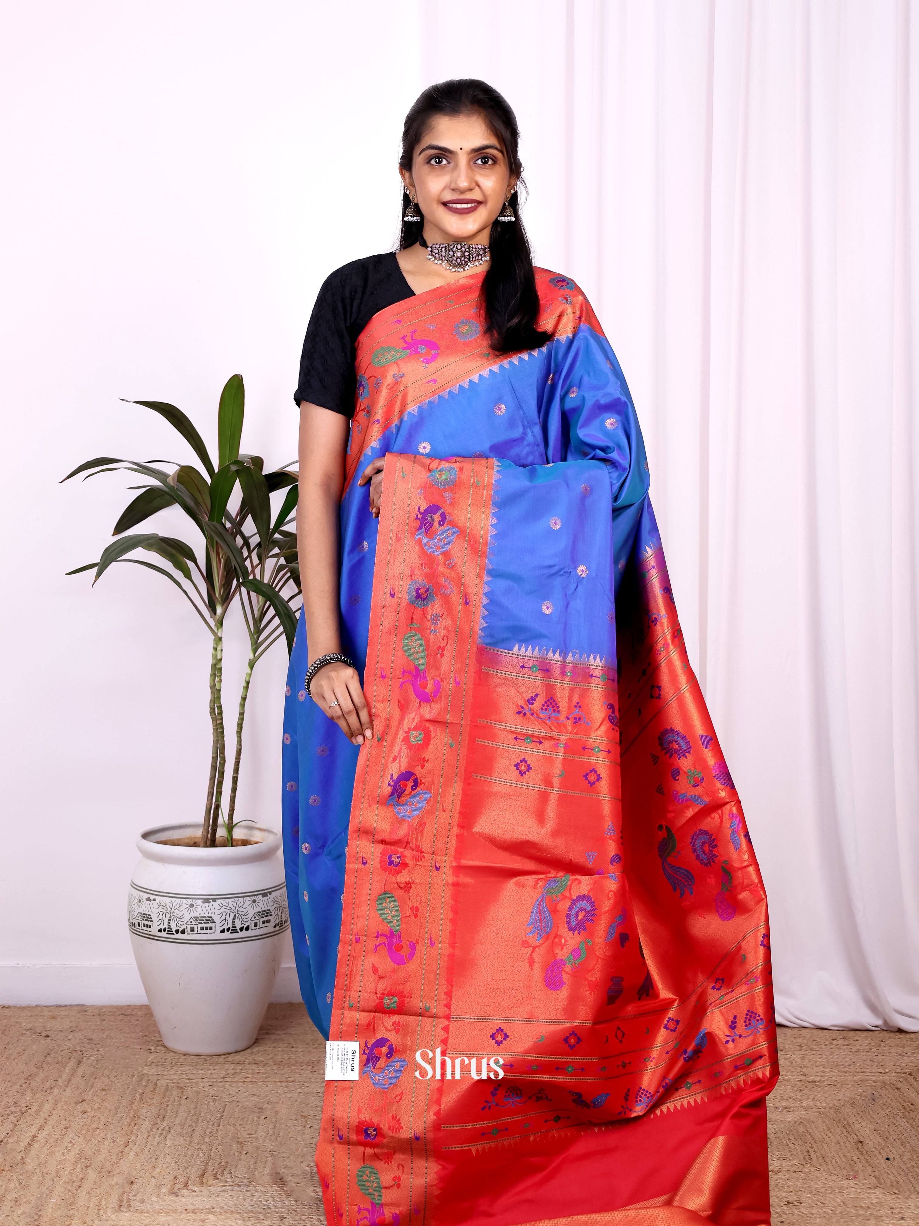Blue & Red - Gadwal halfpure Saree - Shop on Shrus.com