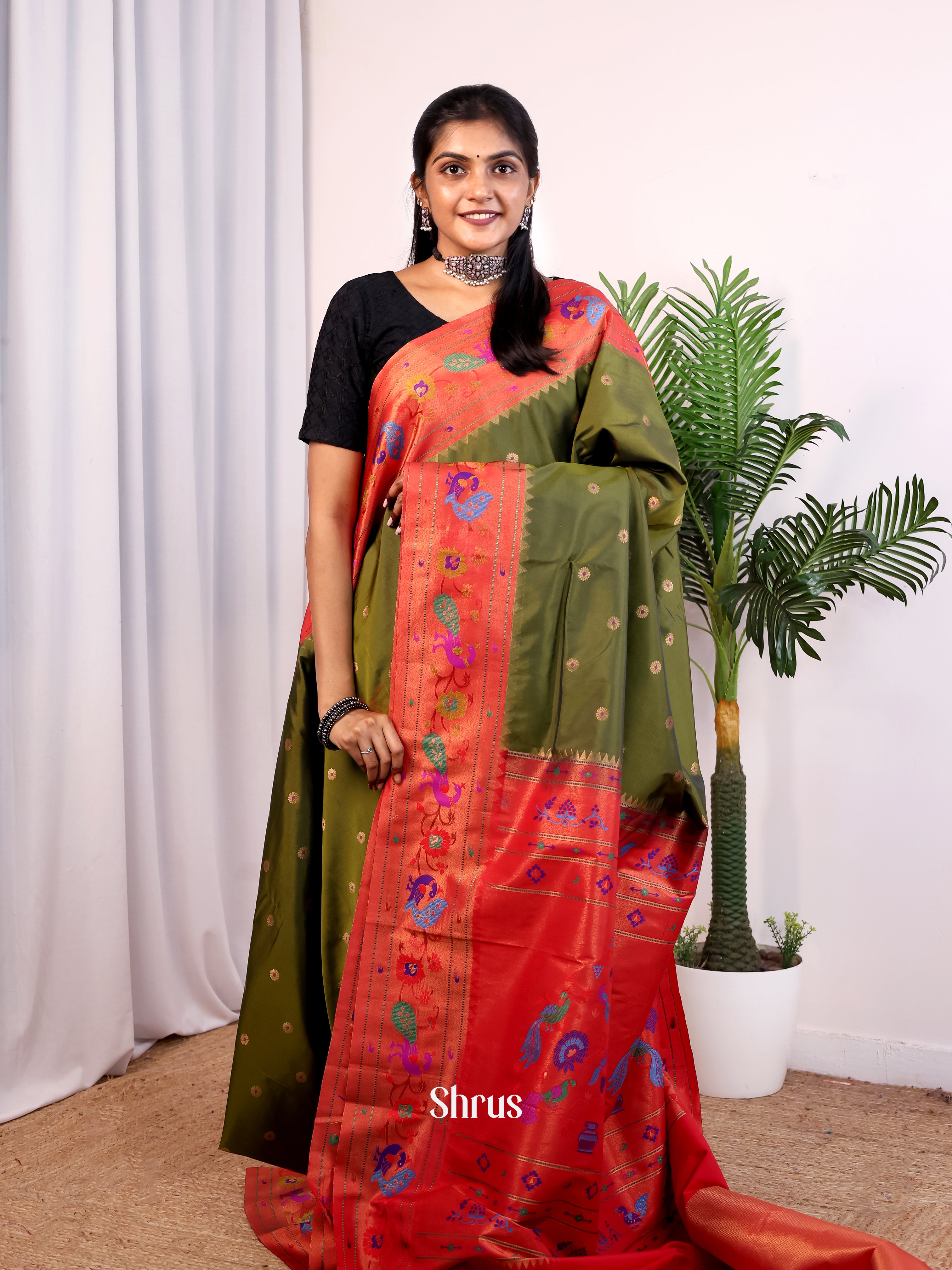 Green & Red - Gadwal halfpure Saree - Shop on Shrus.com