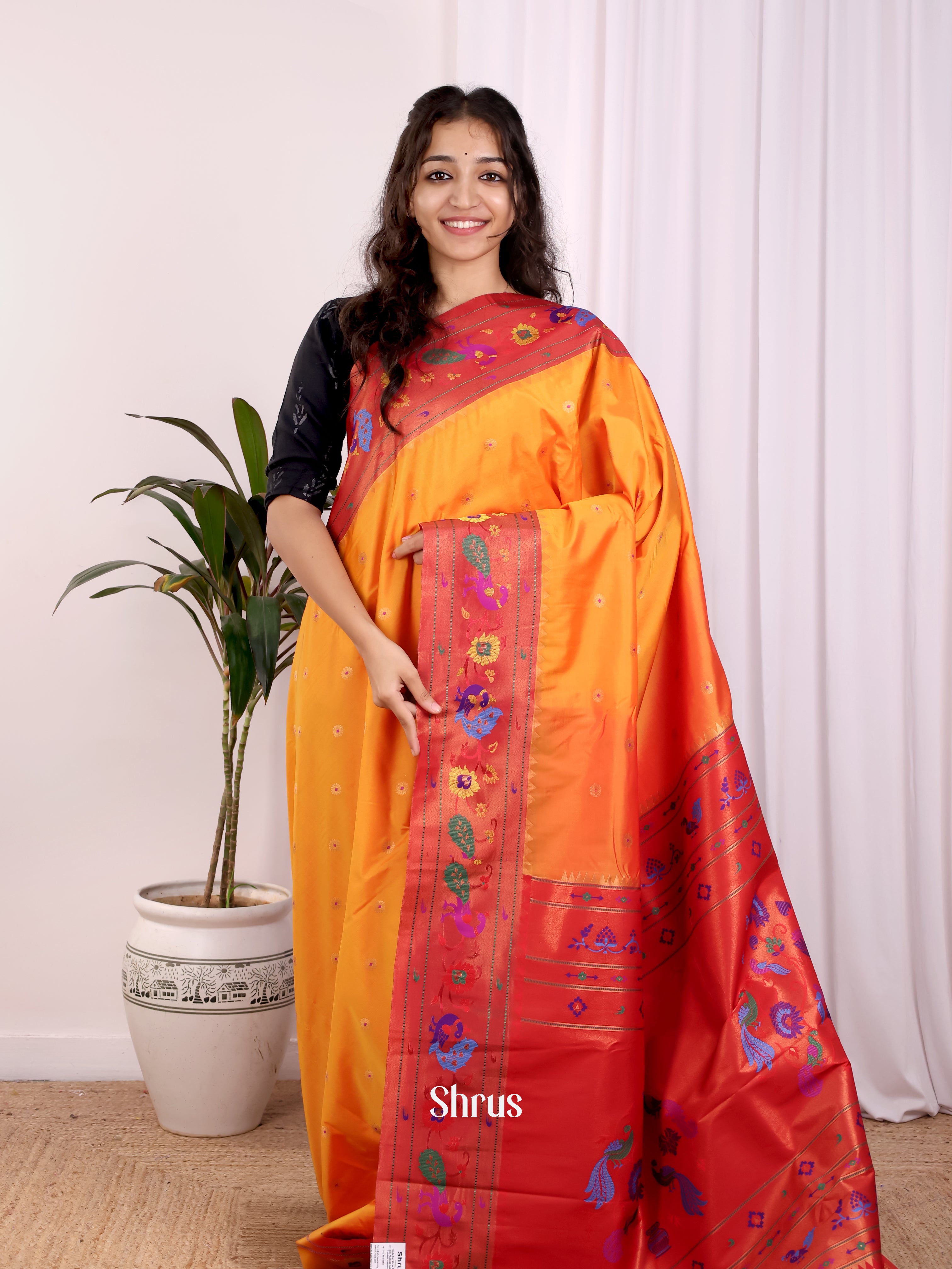 Mustard & Red - Gadwal halfpure Saree - Shop on Shrus.com