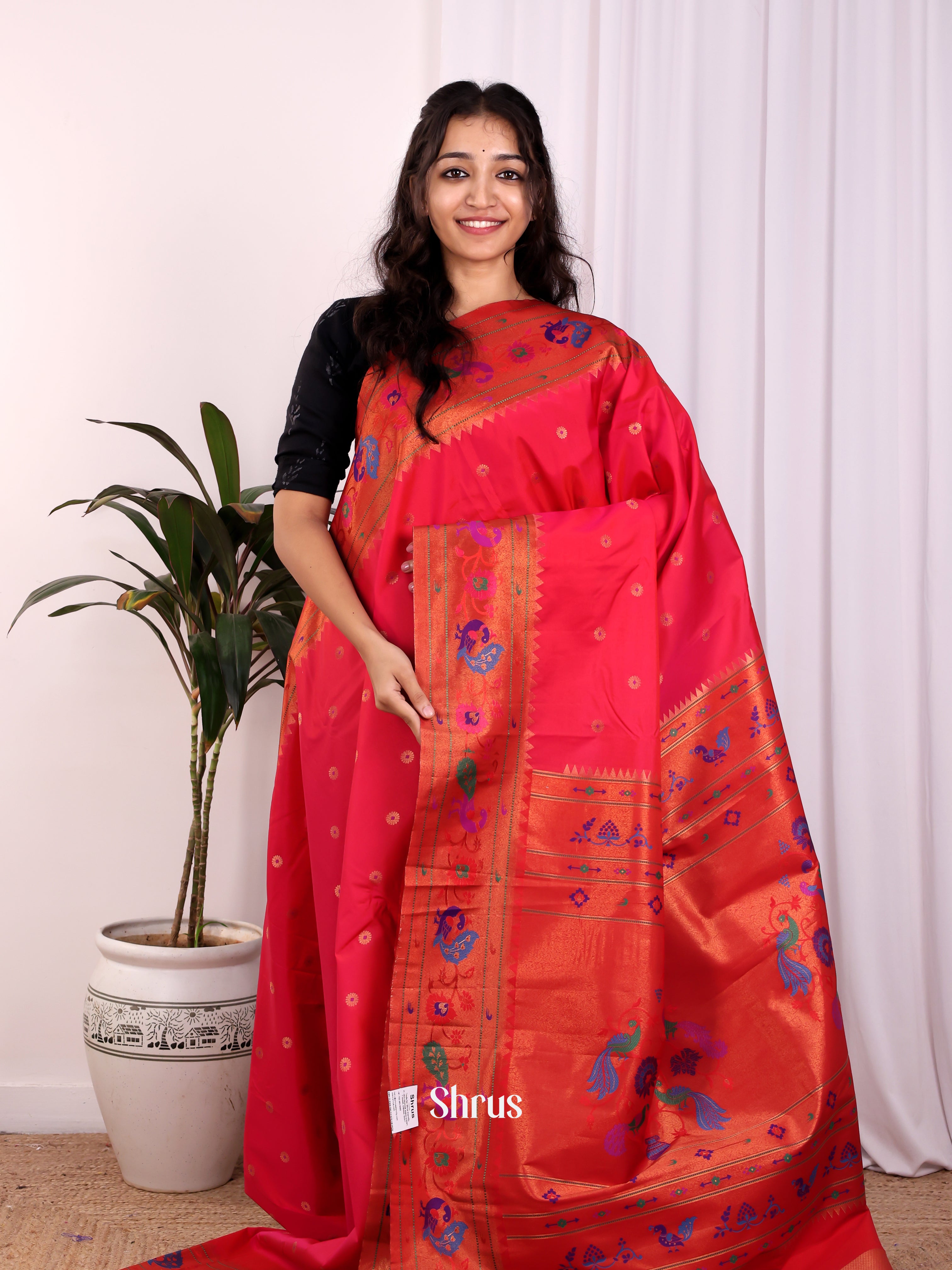 Pink & Red - Gadwal halfpure Saree - Shop on Shrus.com