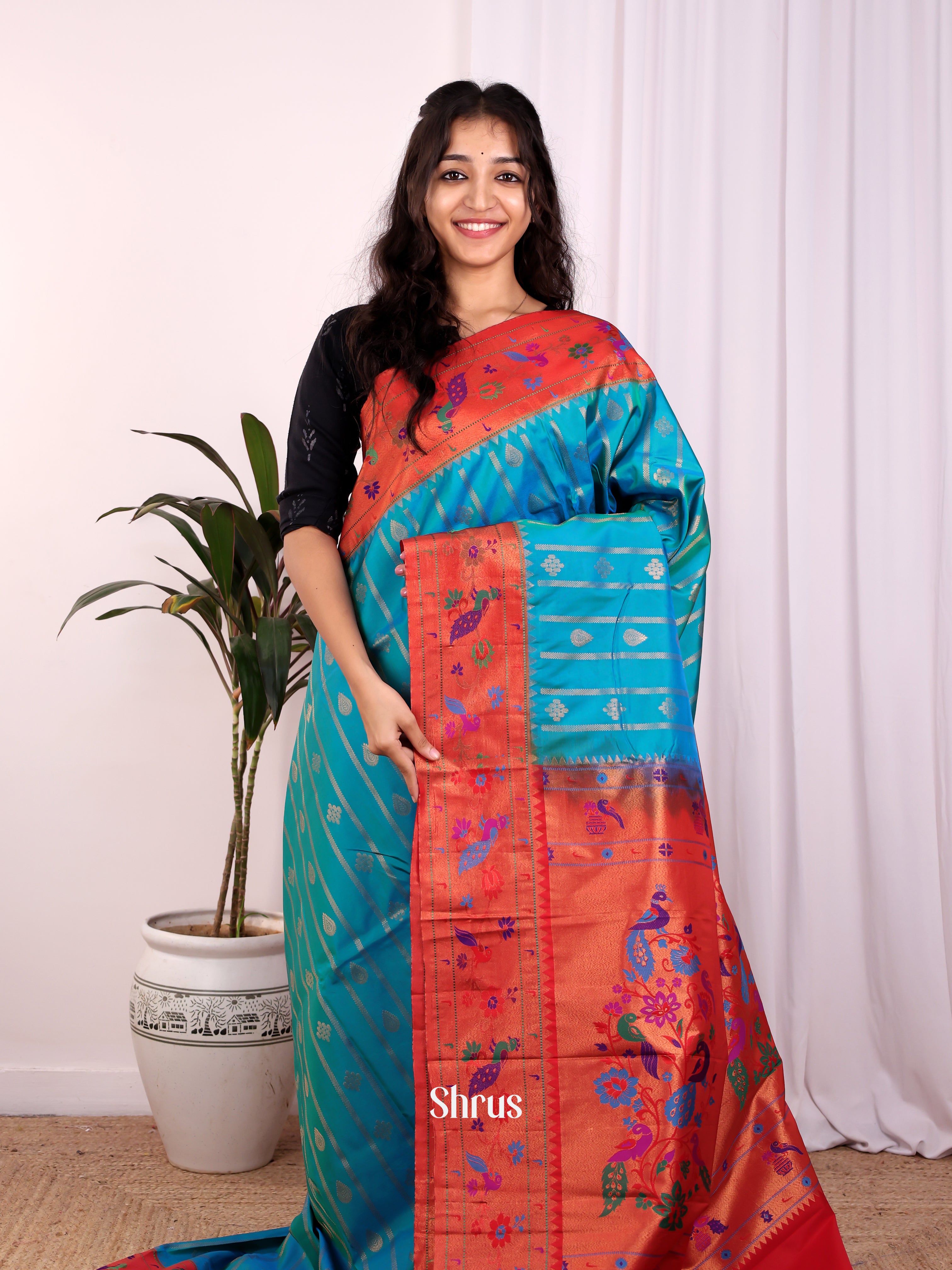 Blue & Red - Gadwal halfpure Saree - Shop on Shrus.com