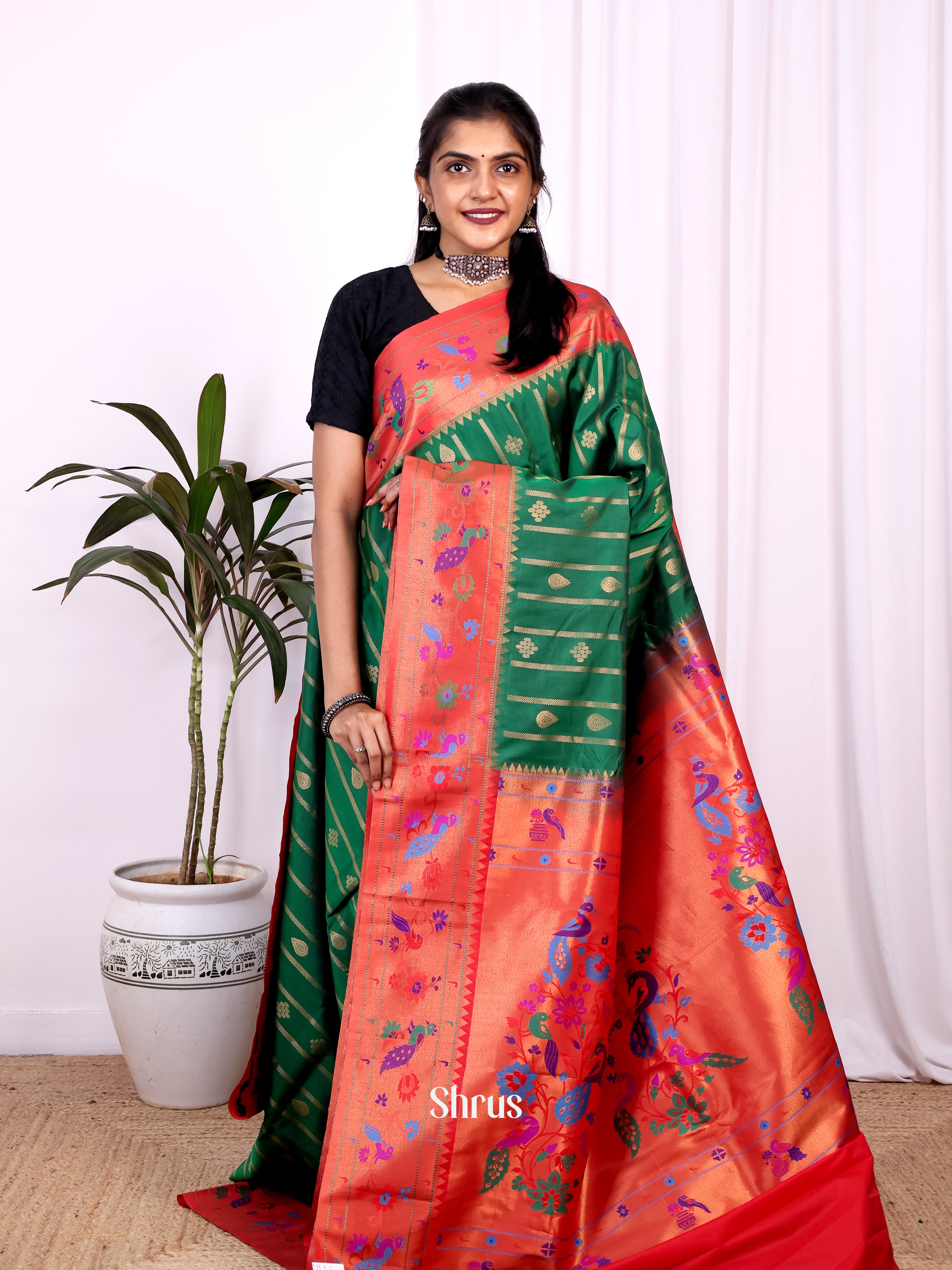 Green & Red - Gadwal halfpure Saree - Shop on Shrus.com