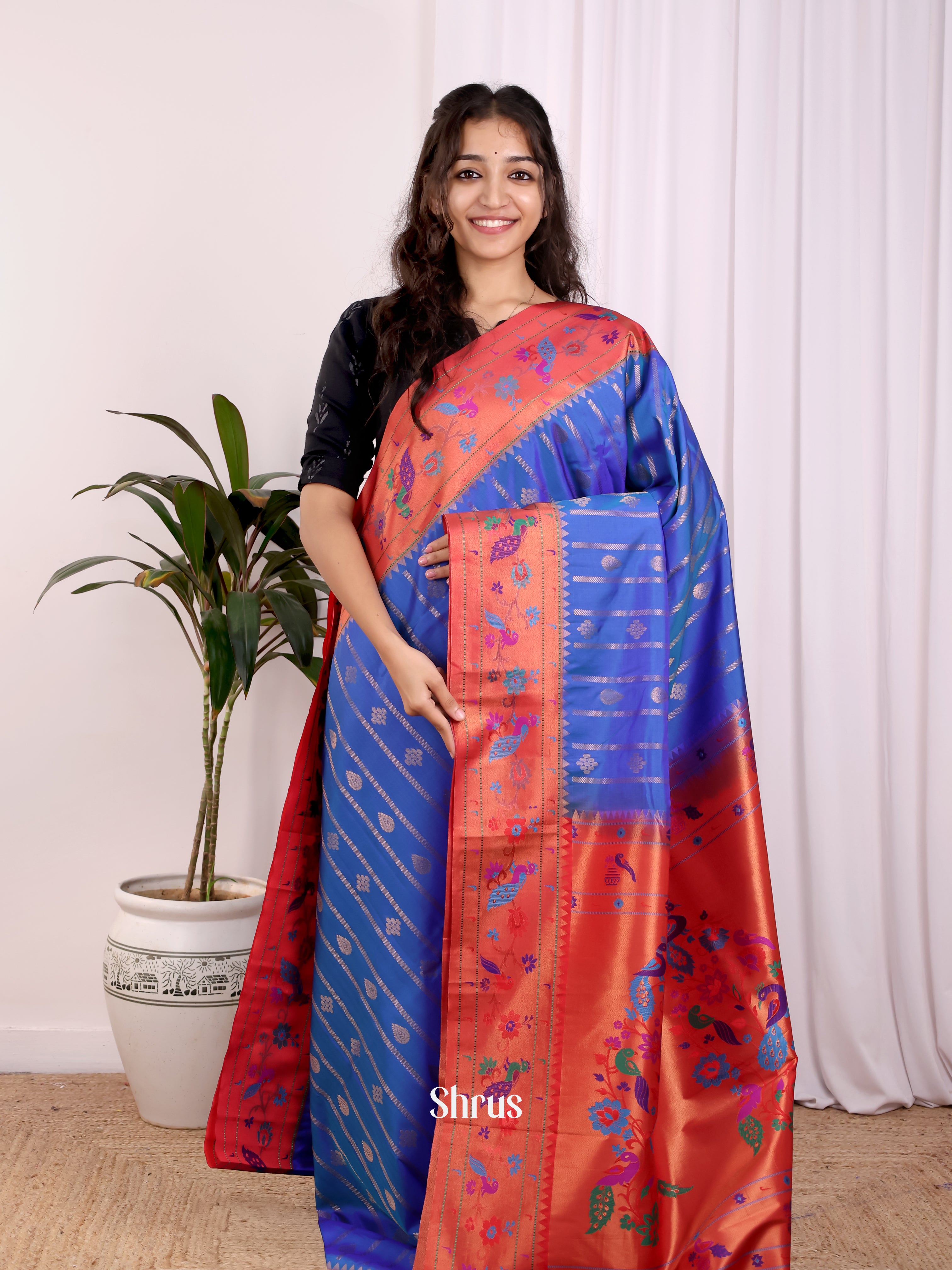Blue & Red- Gadwal halfpure Saree - Shop on Shrus.com