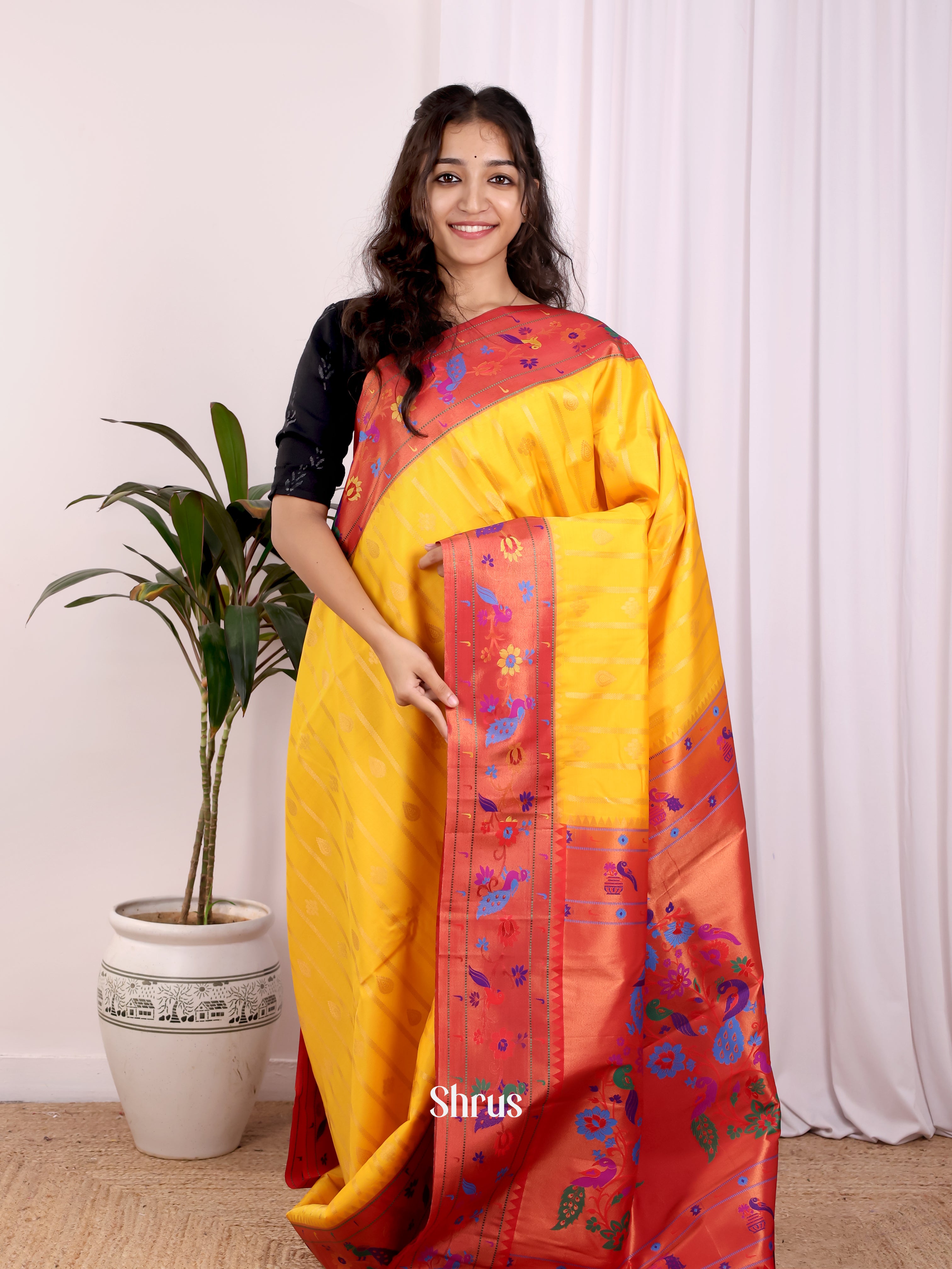 Yellow & Red - Gadwal halfpure Saree - Shop on Shrus.com