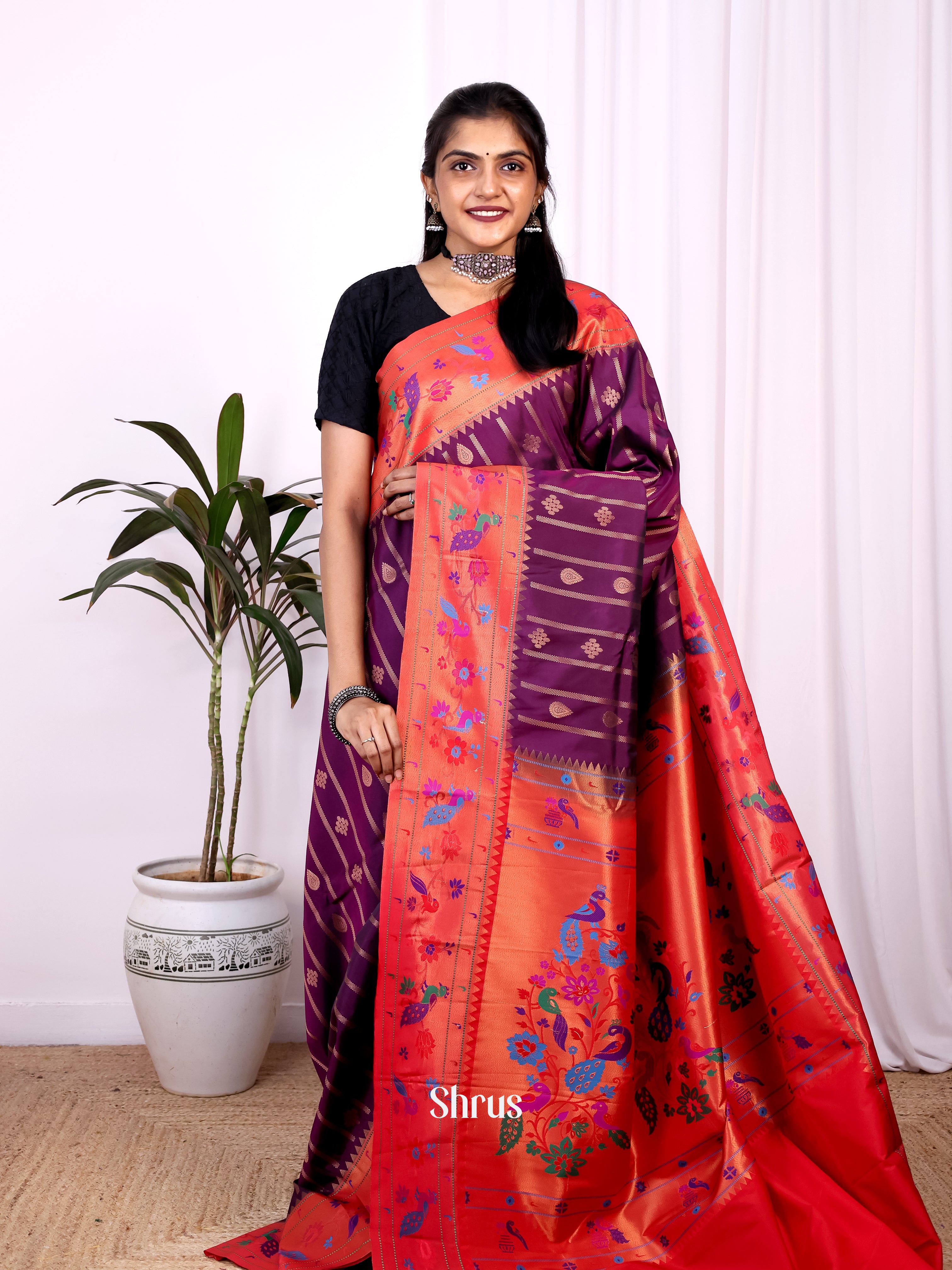 Violet & Red - Gadwal halfpure Saree - Shop on Shrus.com