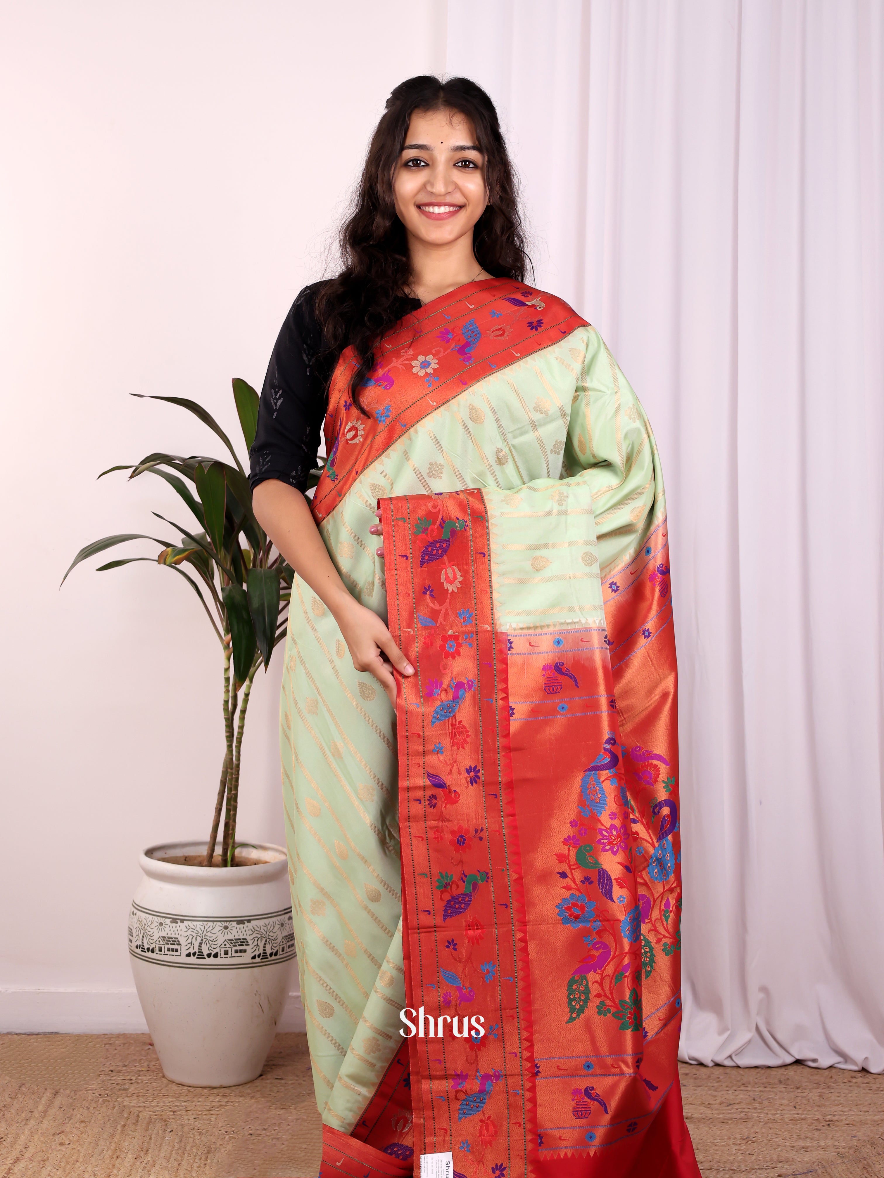 pista Green & Red - Gadwal halfpure Saree - Shop on Shrus.com