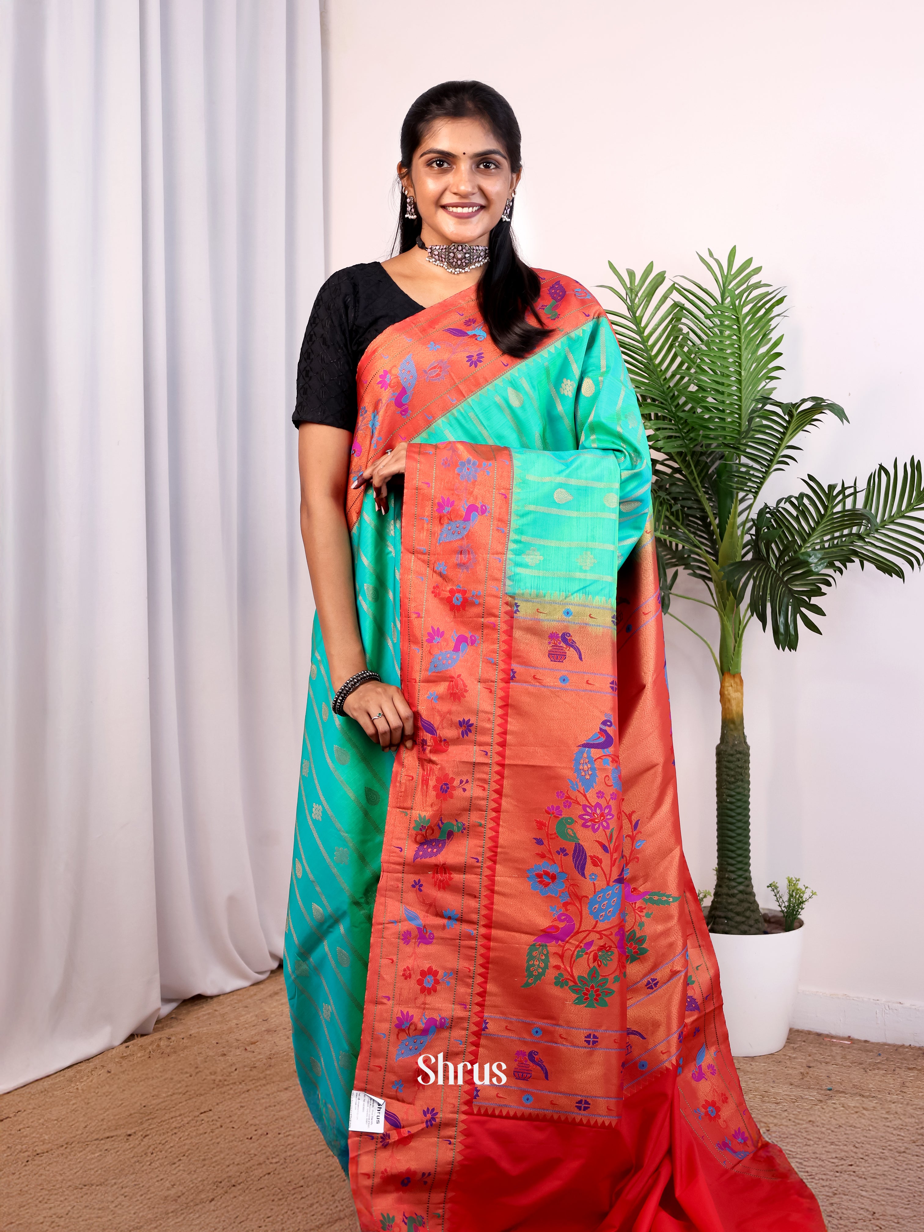 Green & Red - Gadwal halfpure Saree - Shop on Shrus.com