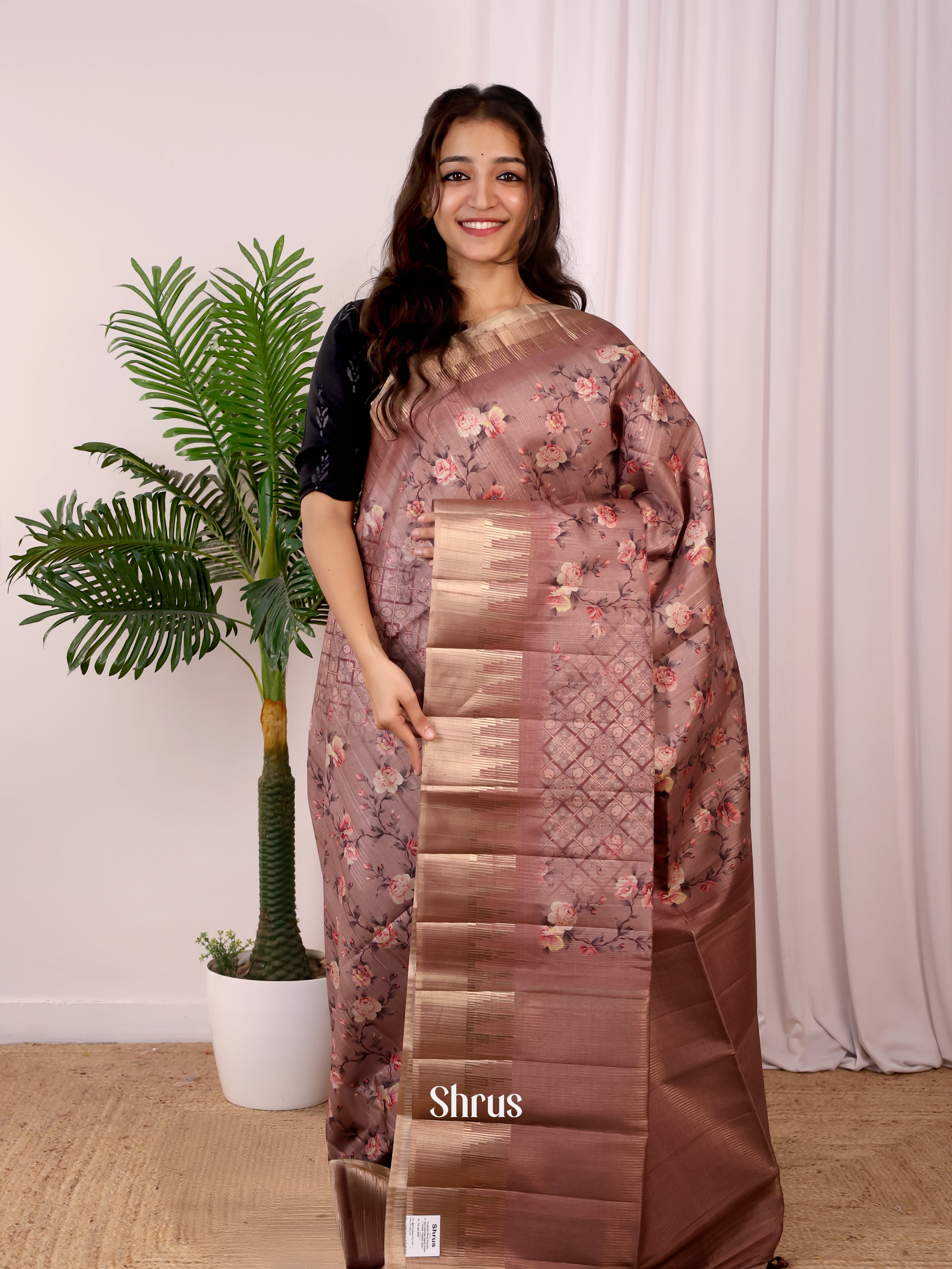 Brown - Semi Tussar Saree - Shop on Shrus.com