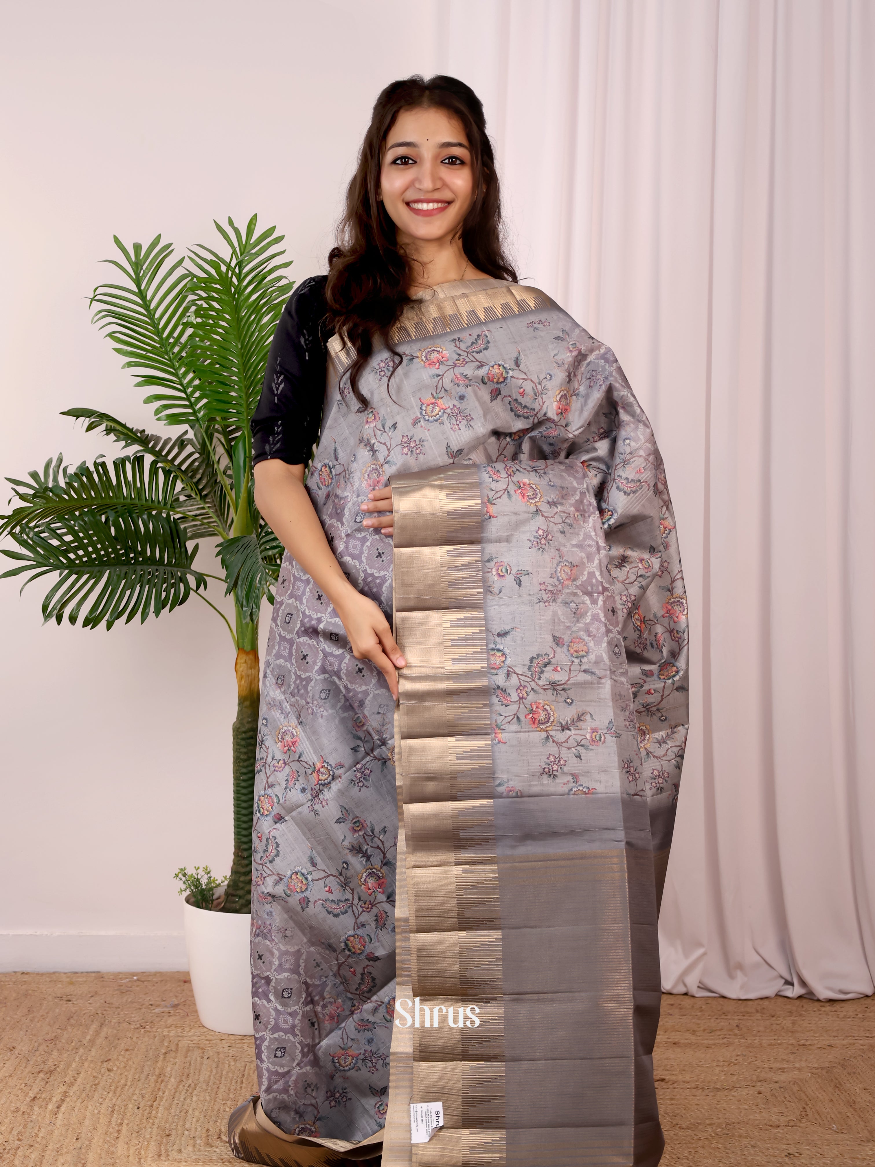Grey - Semi Tussar Saree - Shop on Shrus.com