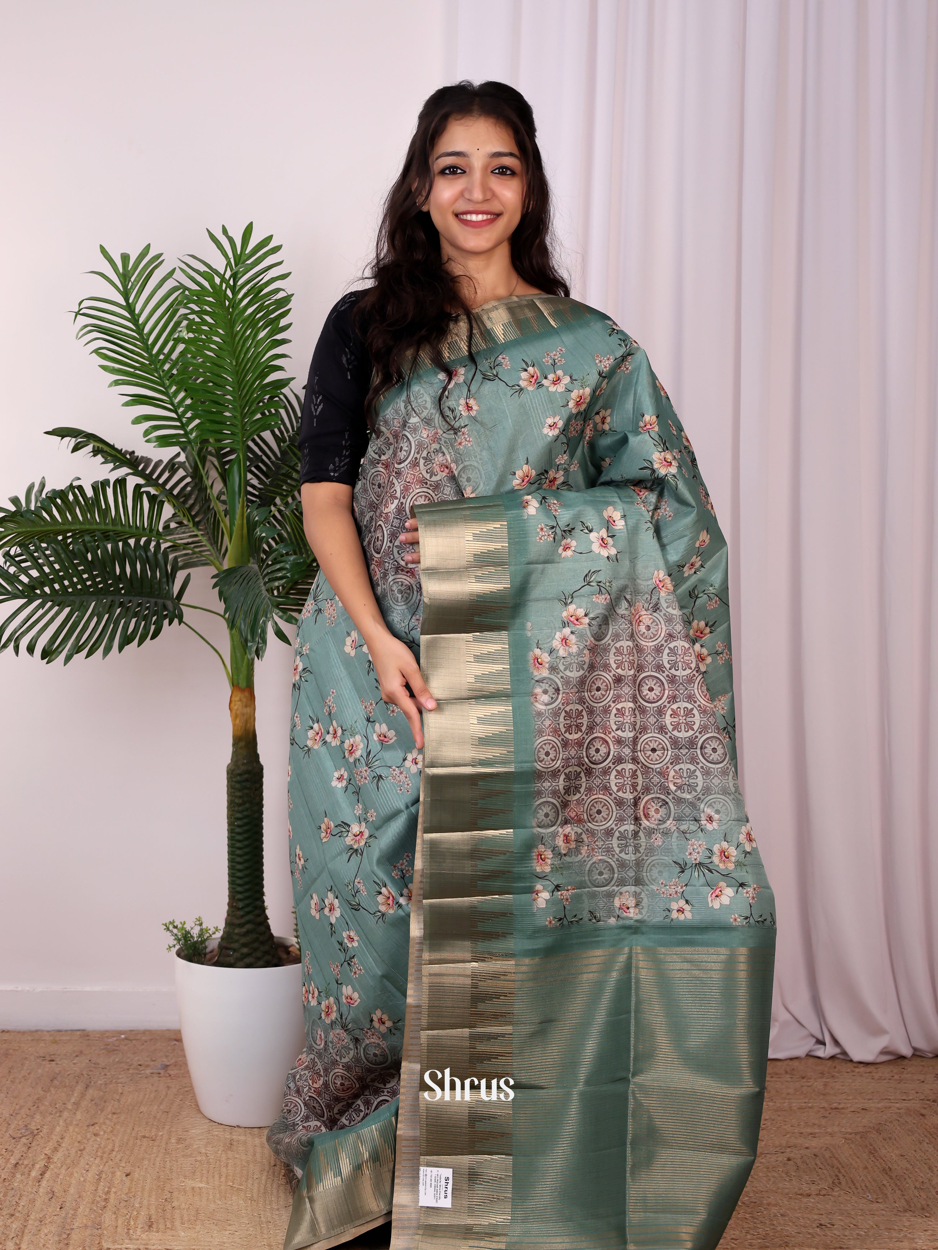 Green- Semi Tussar Saree - Shop on Shrus.com